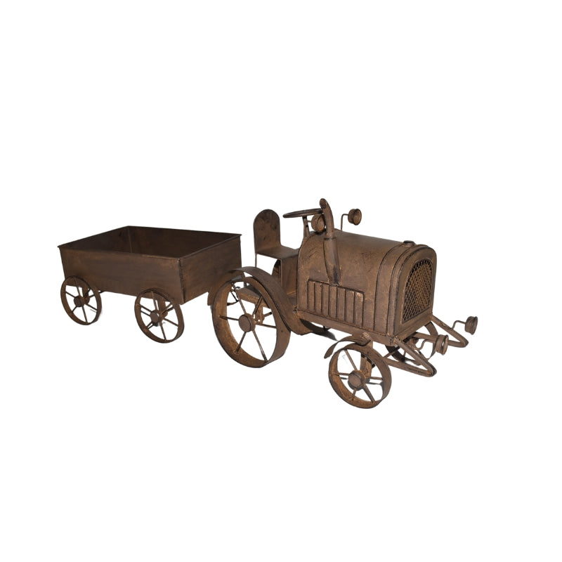 Metallic toy truck with a trailer on a white background