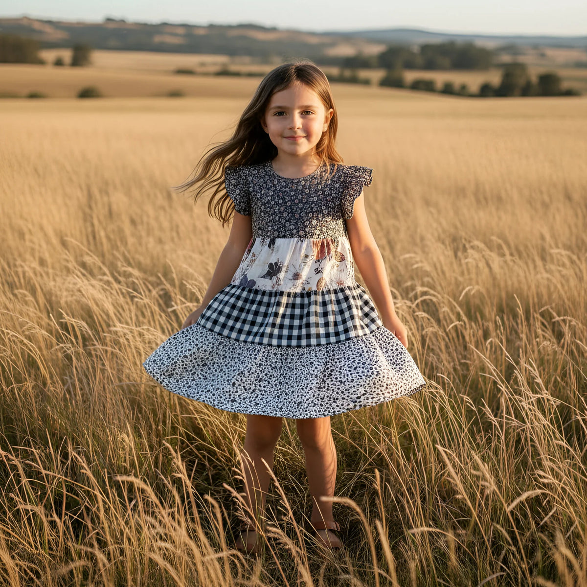Young girl in a dress standing in a field with a scenic background