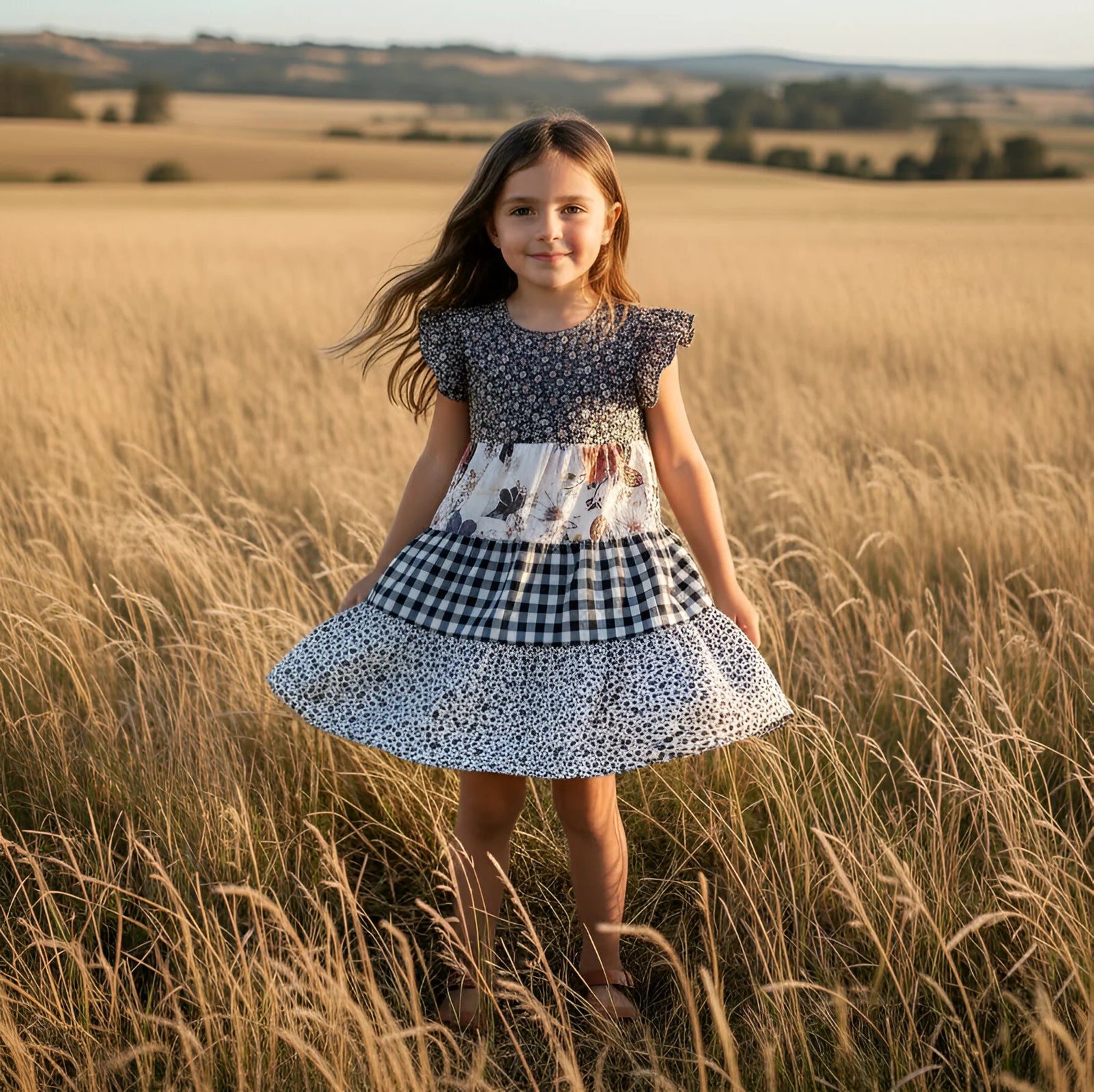 Young girl in a dress standing in a field with a scenic background
