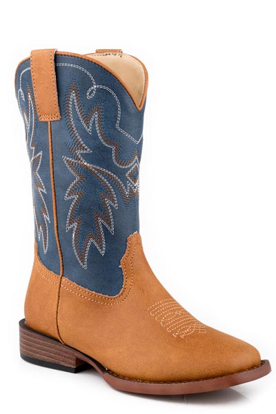 Brown and blue cowboy boot on a white background