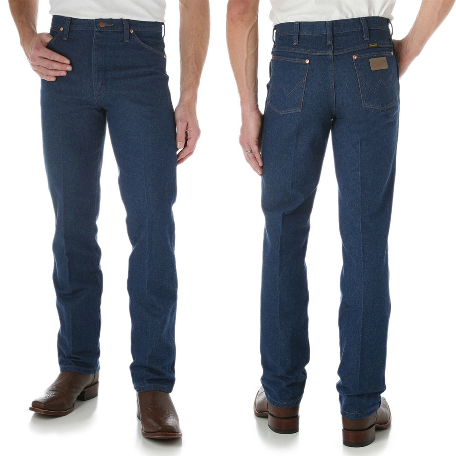 Wrangler Men's Prewashed Slim Fit Jean. Two views of a man wearing Wrangler Men's Prewashed Slim Fit Jeans. Front view shows the jeans' fit and waist, while the back view highlights the five-pocket design and button closure.