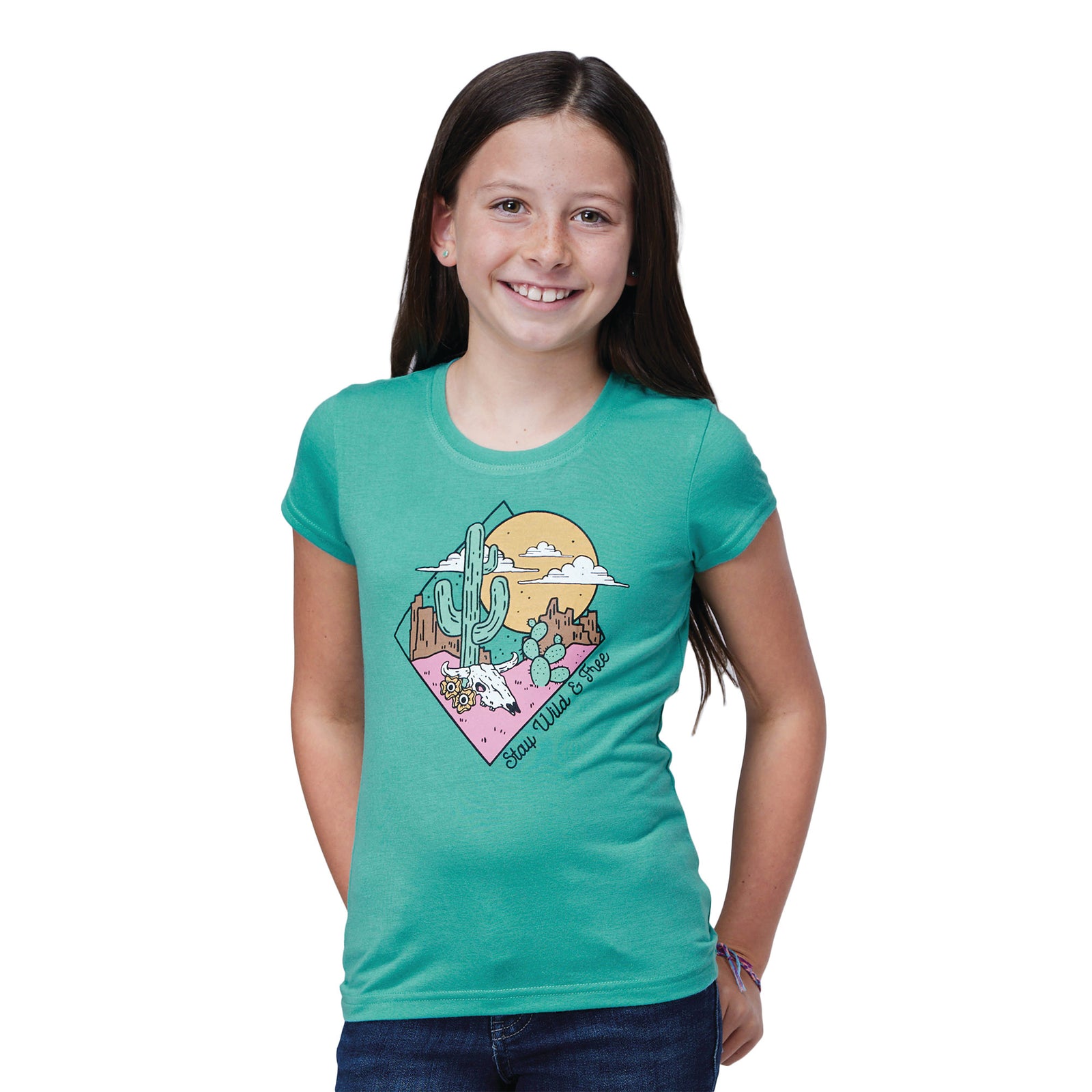 Roper Girl's Five Star S/S T-Shirt. A girl wearing a turquoise short-sleeved t-shirt with a colorful character and text graphic on it.