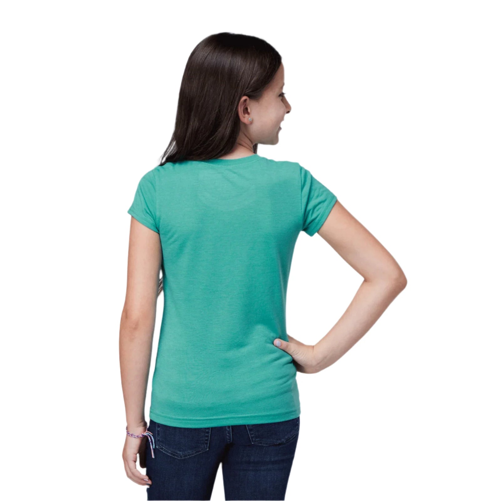 Roper Girl's Five Star S/S T-Shirt. A girl wearing a turquoise short-sleeved t-shirt with a colorful character and text graphic on it.