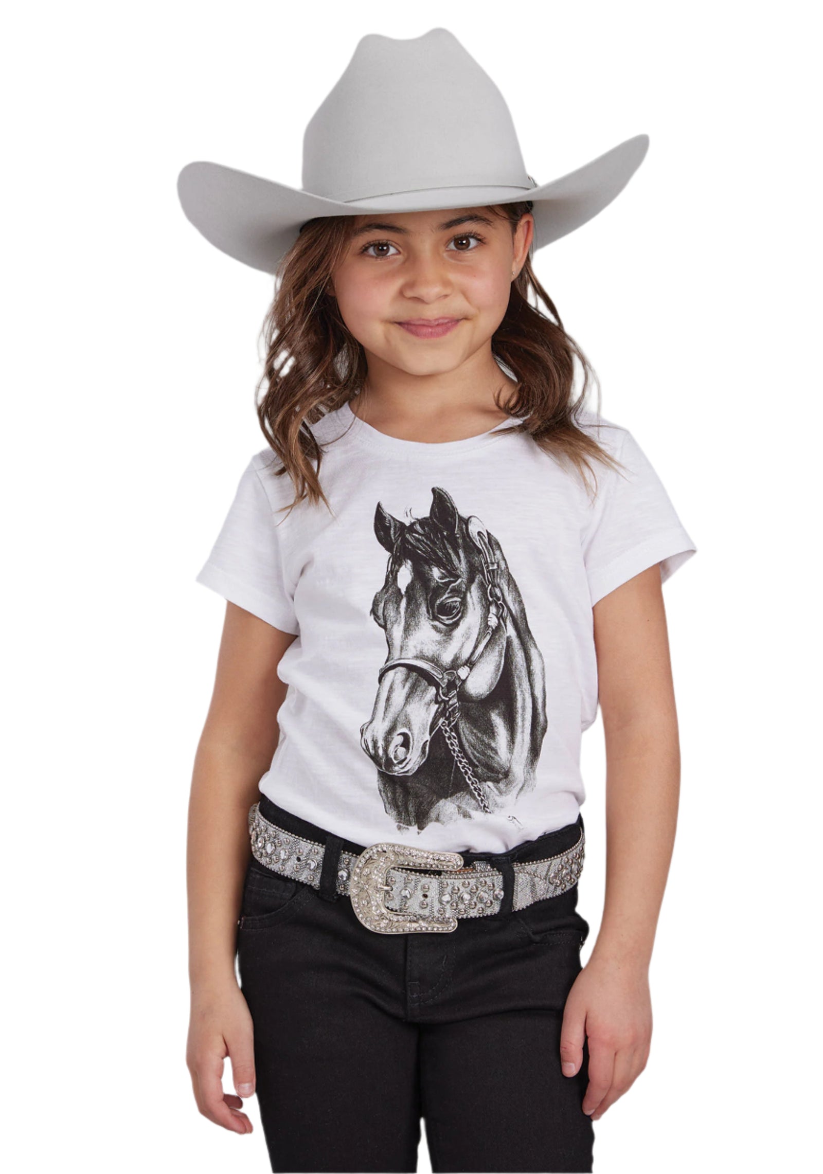 Roper Girl's Horse Print Five Star Tee. A girl wearing a white t-shirt with a horse graphic, a grey cowboy hat, and black pants, standing against a white background.