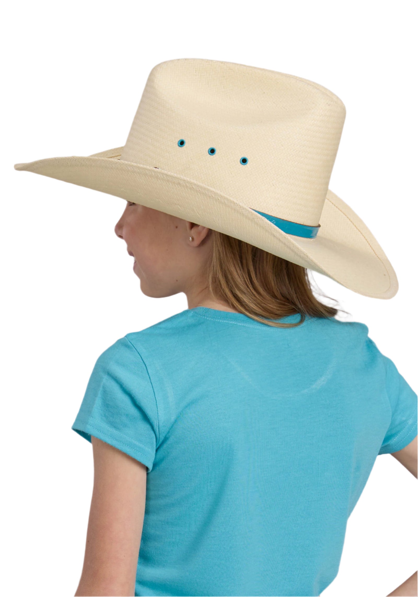 Roper Girl's Five Star T-Shirt. A girl wearing a turquoise short-sleeve T-shirt with text and a cowgirl hat.