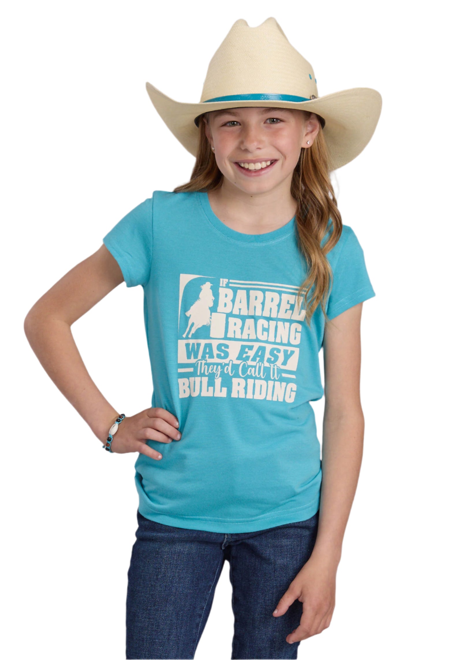 Roper Girl's Five Star T-Shirt. A girl wearing a turquoise short-sleeve T-shirt with text and a cowgirl hat.