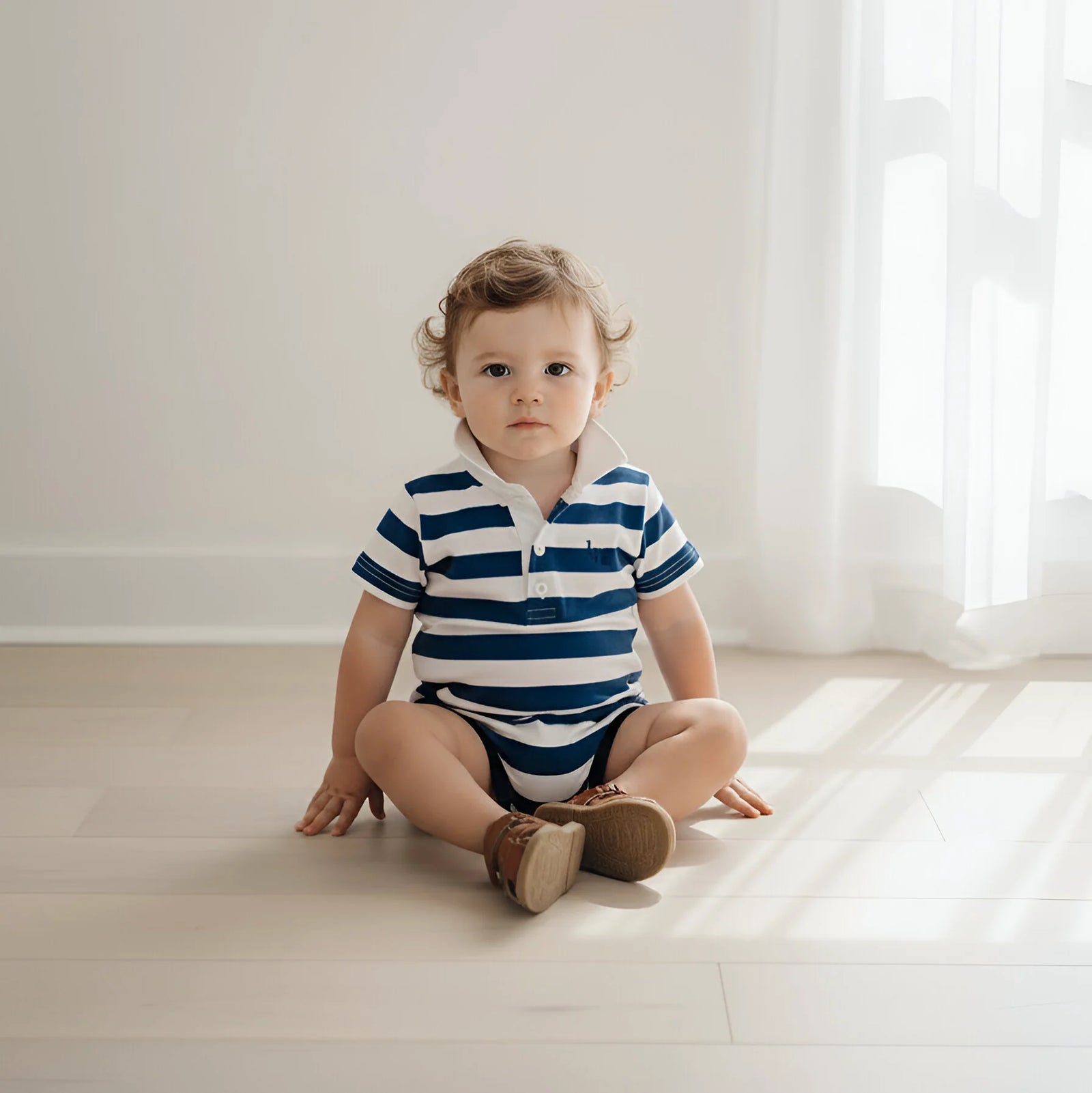 A toddler sitting on a light wooden floor in a bright room, wearing a navy blue and white horizontally striped short-sleeve romper with brown shoes.