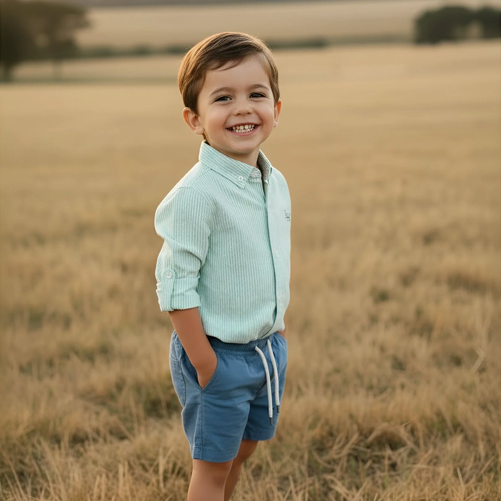 Child standing in a field wearing a light blue jacket and shorts.