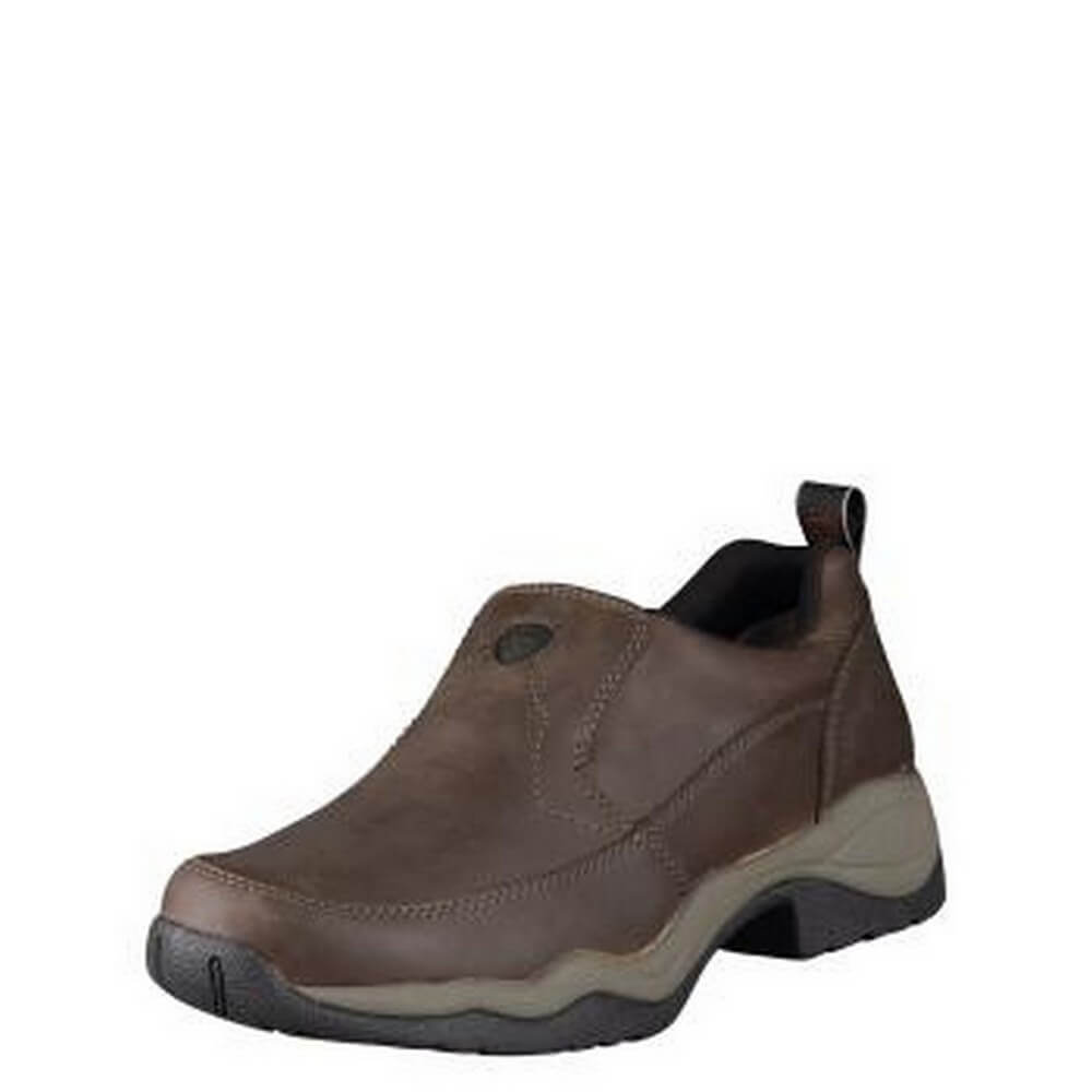 Ariat Men's Ralley Slip On Boot in brown color with a low heel and round toe design, constructed with full grain distressed leather and featuring a Duratread outsole.
