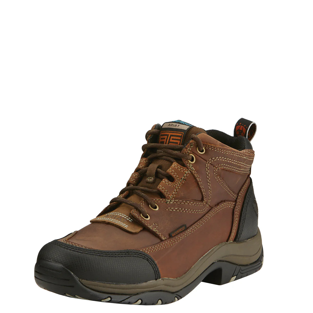 Ariat Men's H2O Dura Terrain Boots featuring a lace-up closure, round toe shape, and brown color.