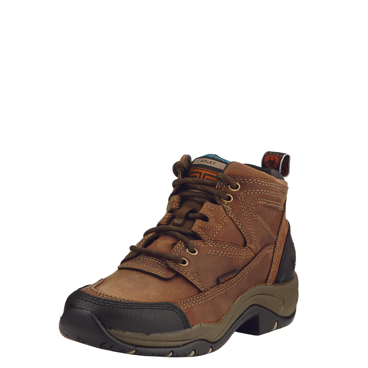 Ariat Women's Dura Terrain H2O Boot, brown oiled full-grain leather with lace-up closure and rubber outsole.