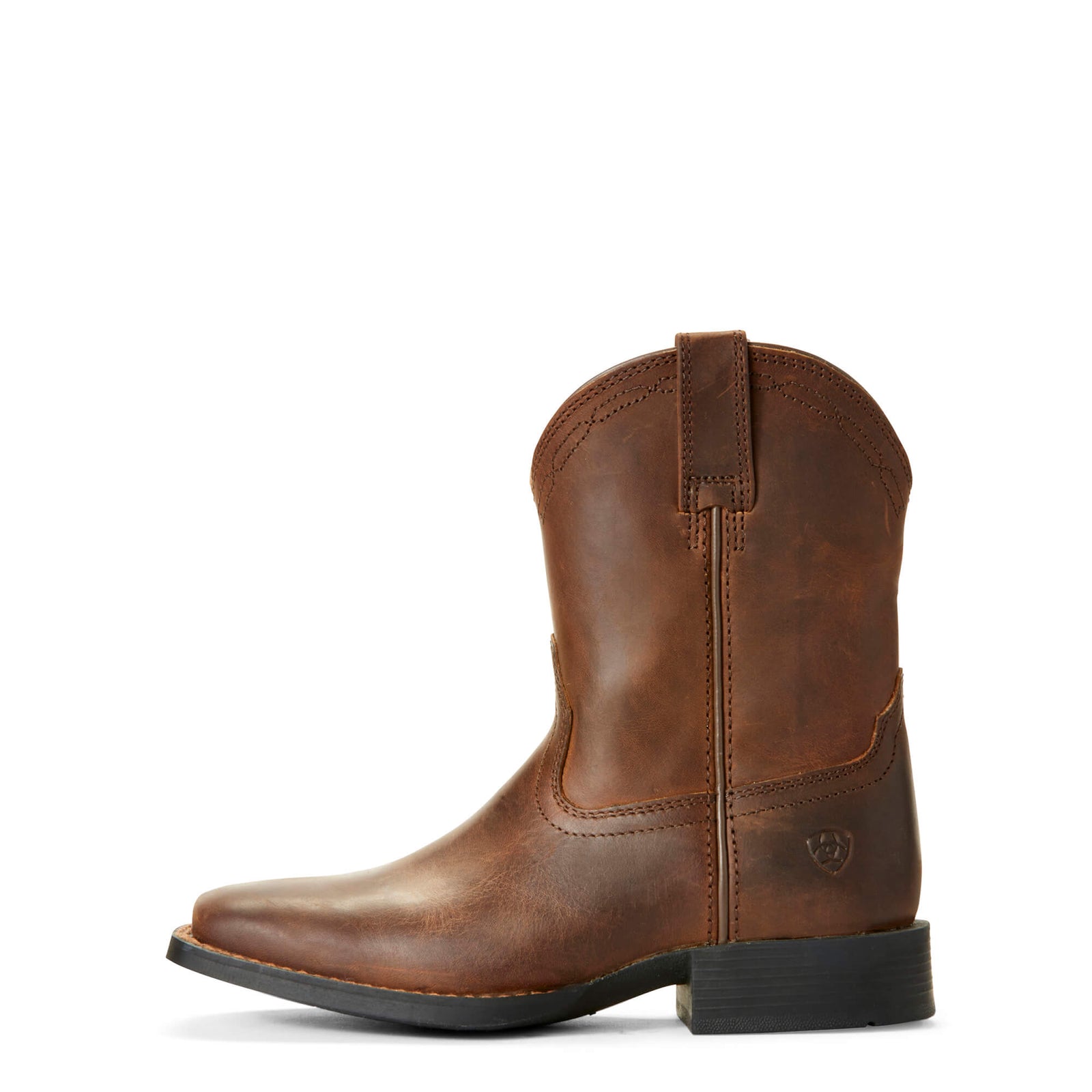 Ariat Heritage Roper Children's Wide Toe Boot. A brown, children's wide toe roper boot with a square toe shape and a four-row Western collar stitch pattern. 
