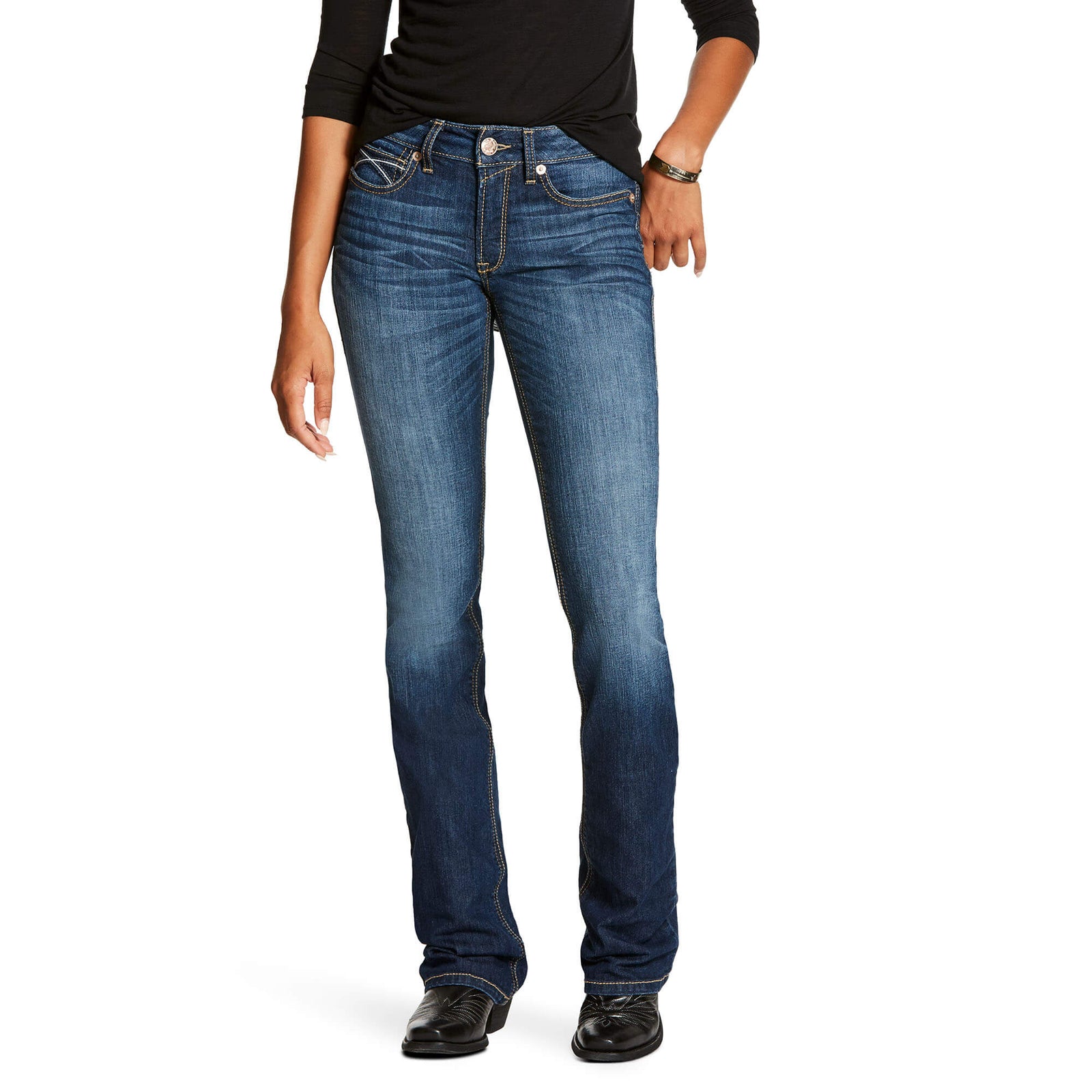 Ariat Women's Rosa Perfect Rise Boot Cut Jean. Person wearing blue jeans on a white background