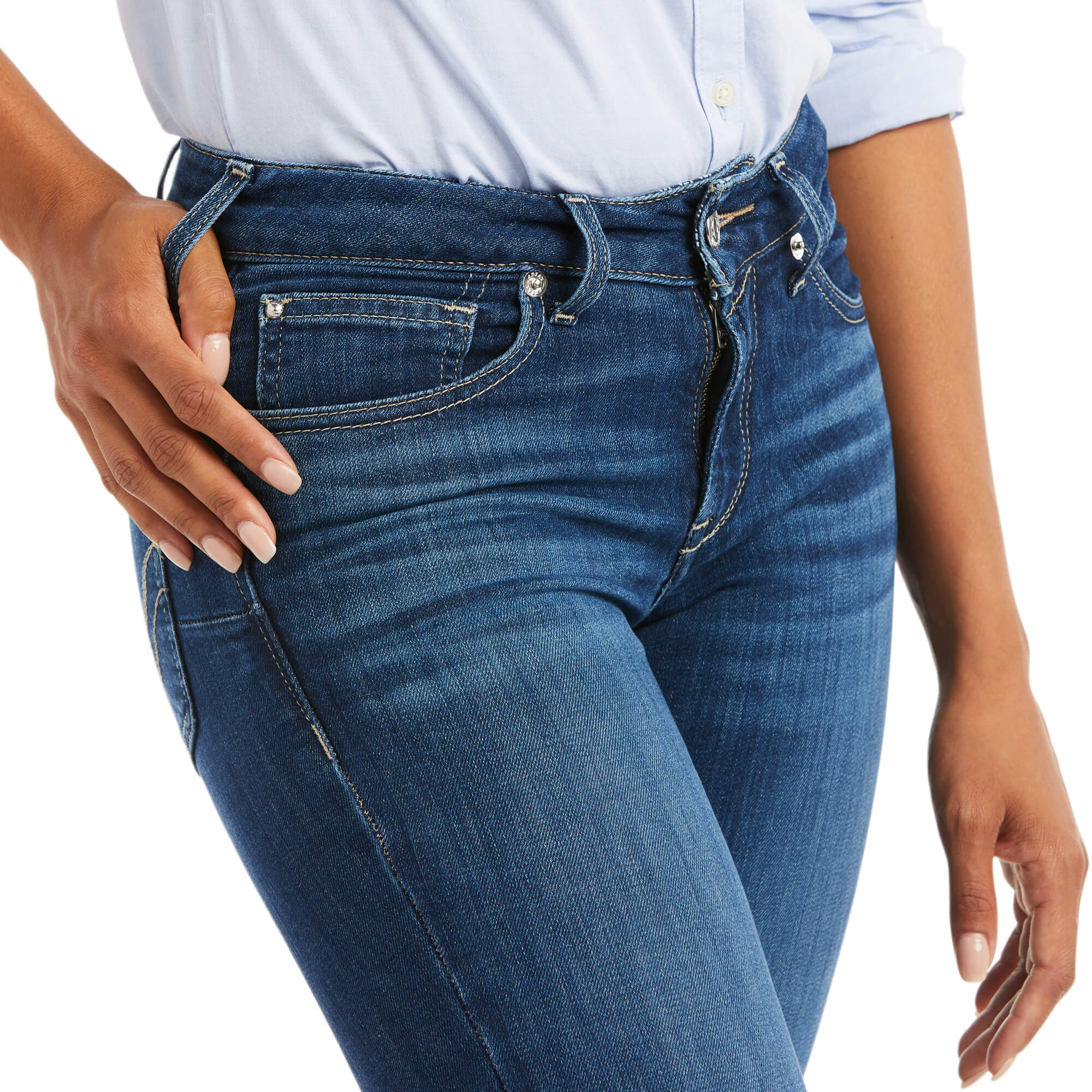 Ariat Women's Abby Perfect Rise Straight Leg Jean. Person wearing blue jeans with a white background