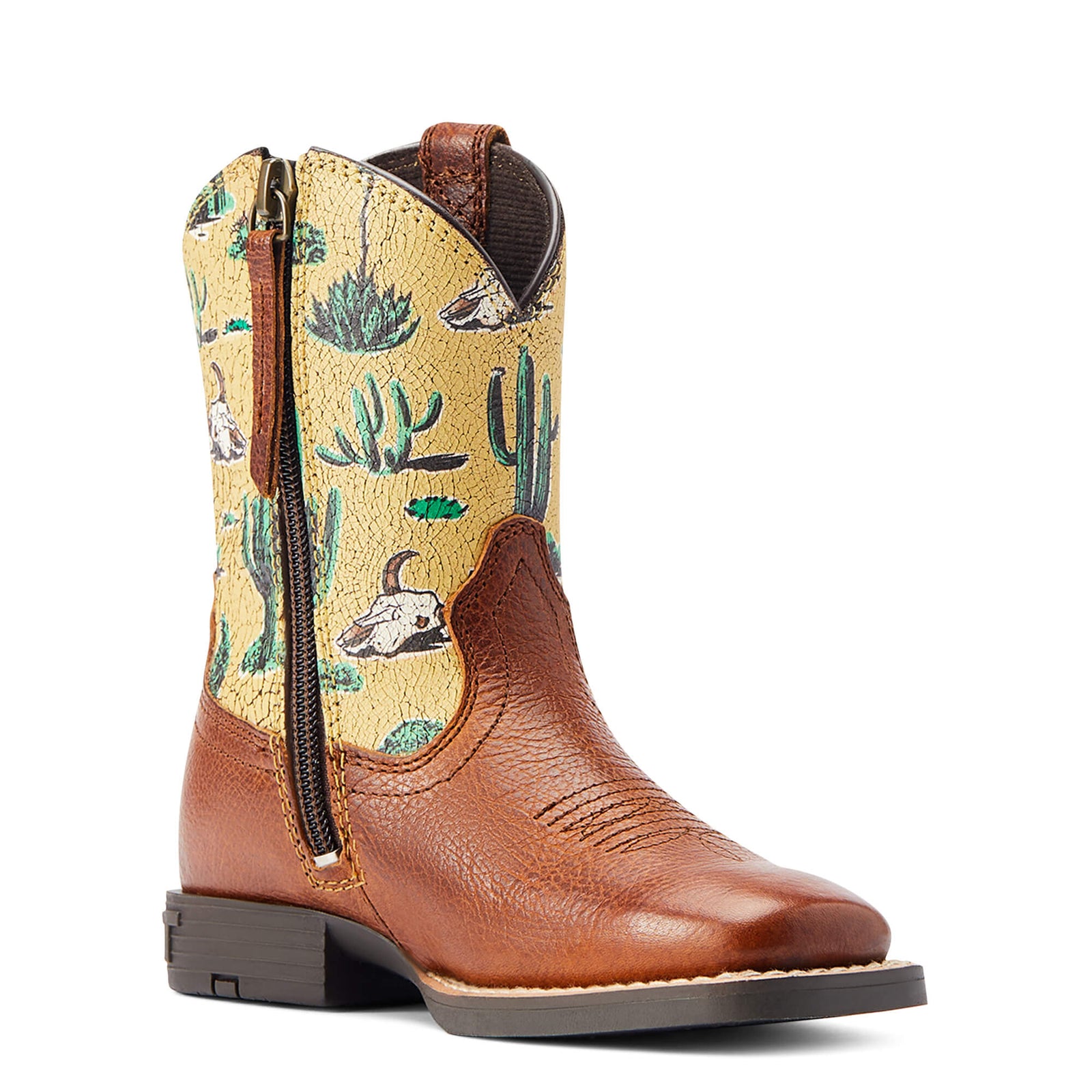 Ariat Round Up Lil Children's Western Boot.  A child's western boot with a brown full-grain leather foot and a yellow printed or embossed leather upper featuring a desert pattern with cacti and a horse.