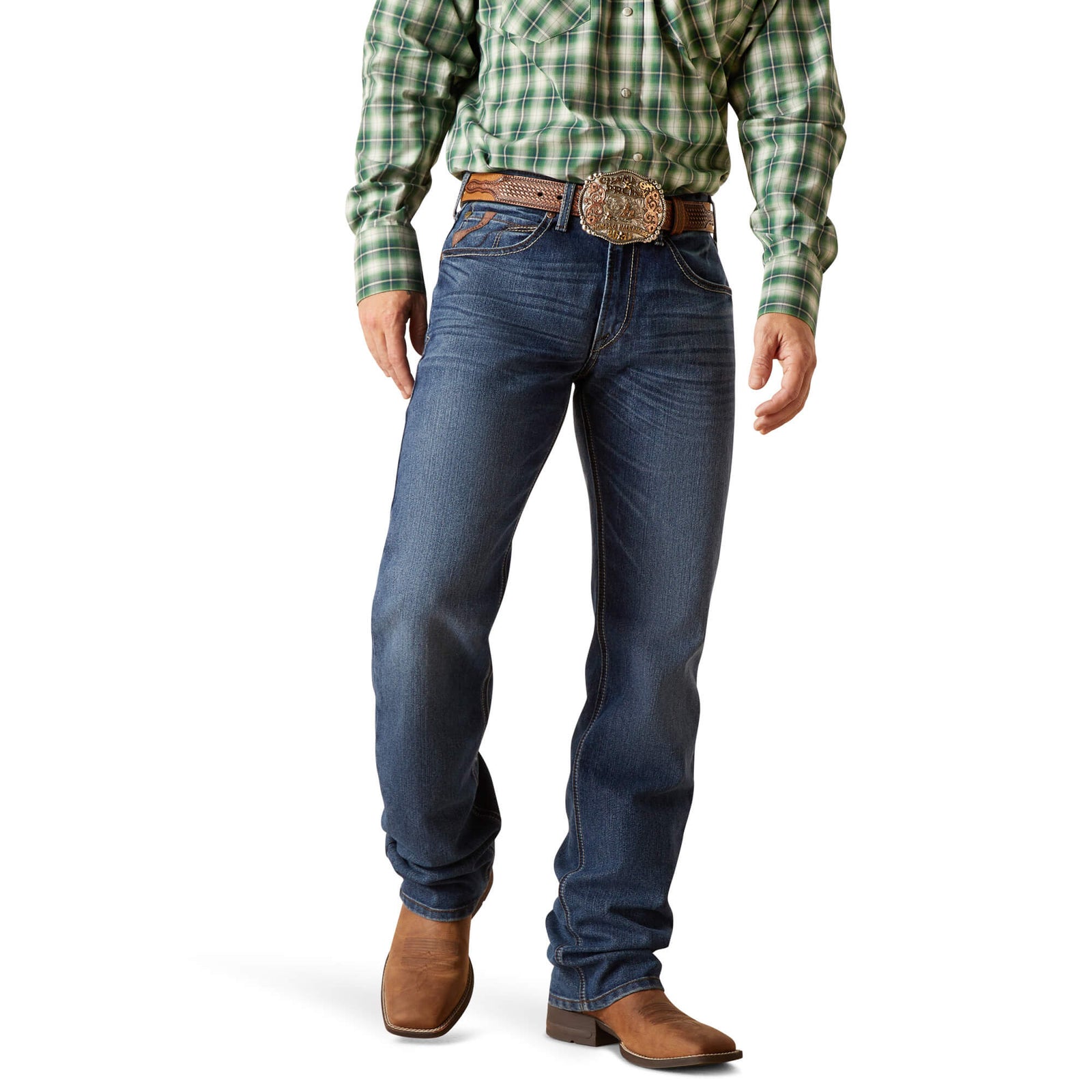 Ariat Men's M5 Romans Straight Leg Jean. A man wearing Ariat Men's M5 Romans Straight Leg Jean, a checkered shirt, and brown boots.