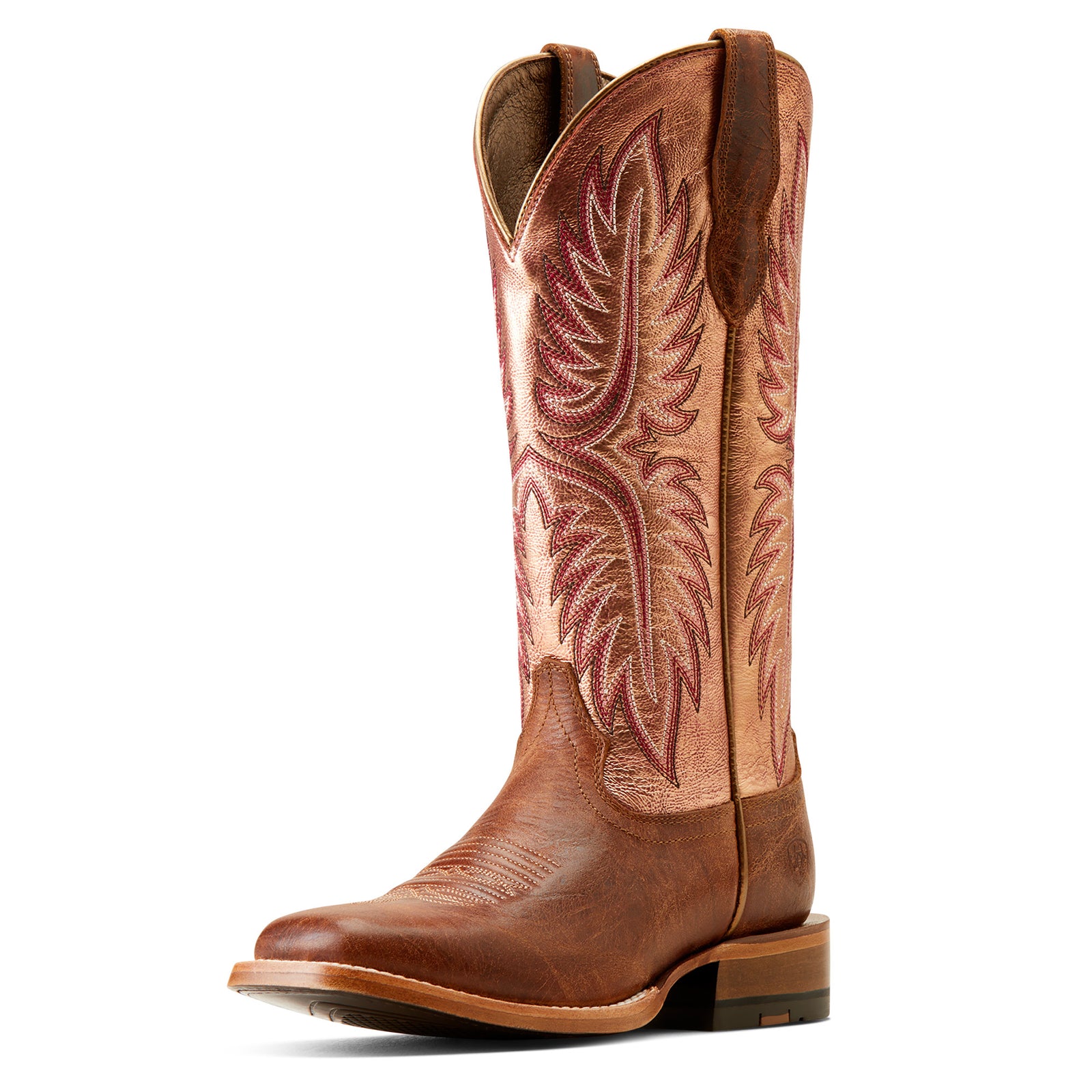 Ariat Women's Frontier Calamity Jane Western Boot featuring a brown and red design with a metallic shaft and a square toe.