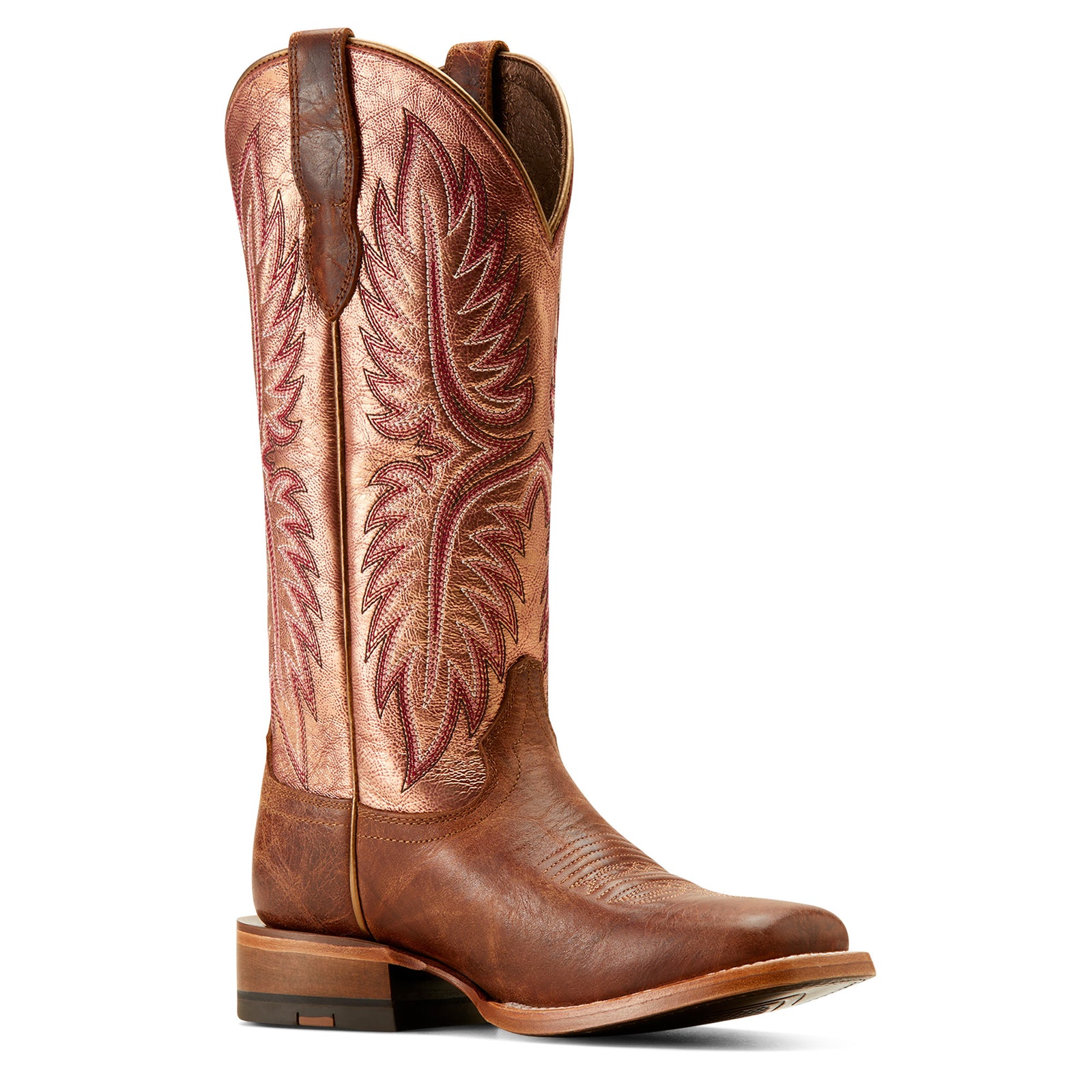 Ariat Women's Frontier Calamity Jane Western Boot featuring a brown and red design with a metallic shaft and a square toe.