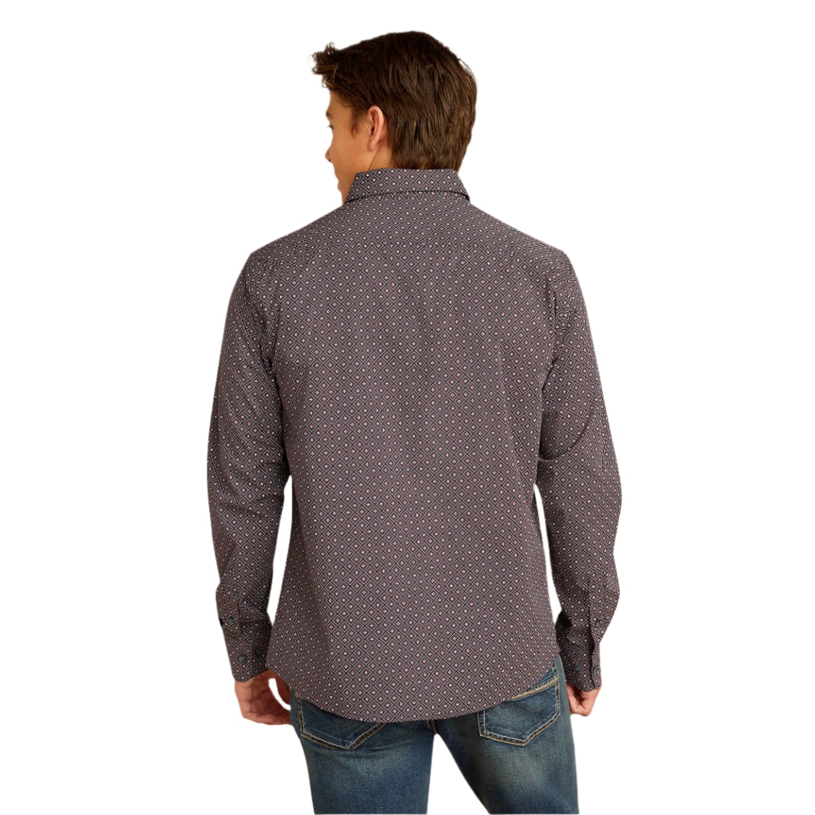 Ariat Men's Mattie Modern Fit L/S Western Shirt. A man wearing a long-sleeved geometric patterned shirt by Ariat.