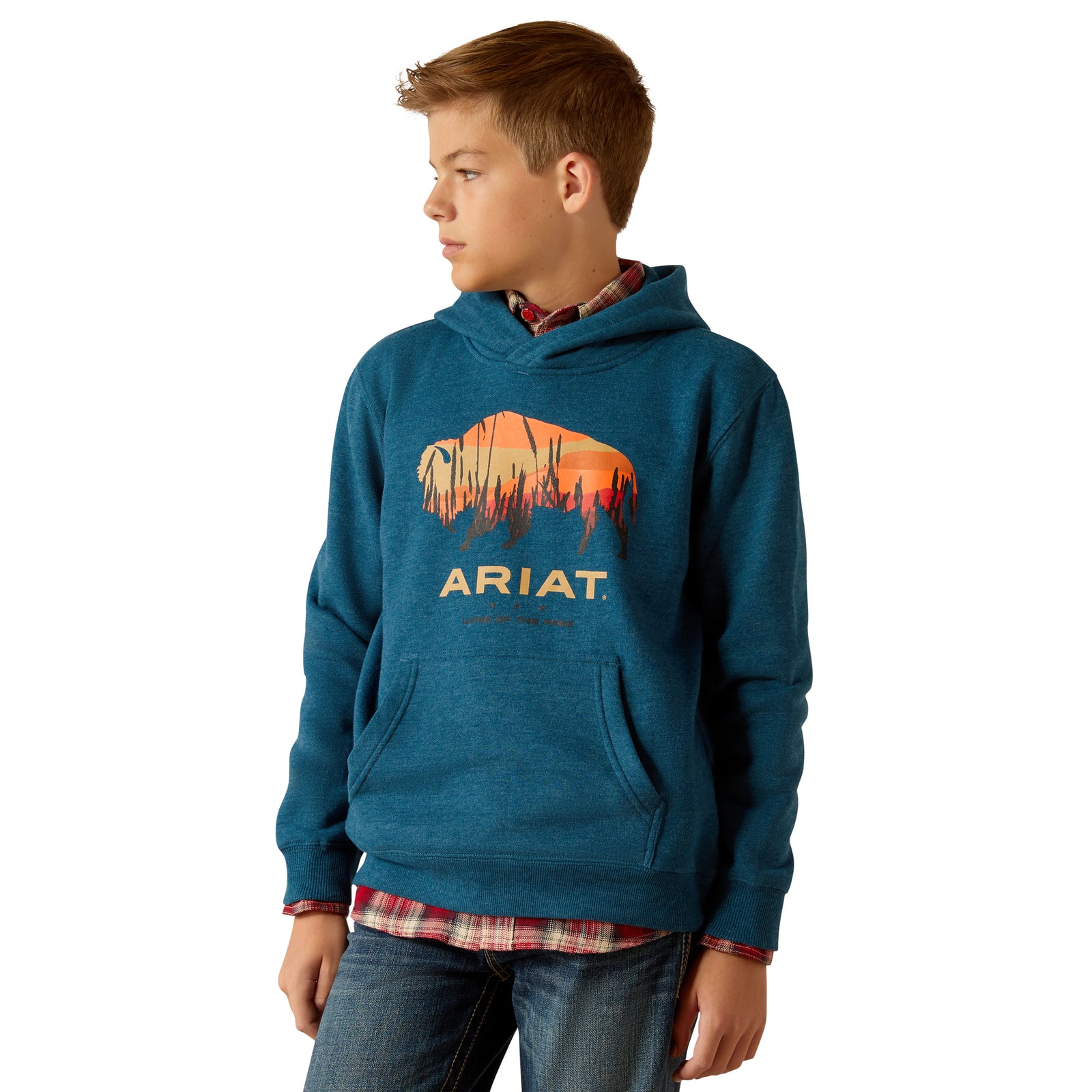 Ariat Boy's Bison Plains Hoodie. A boy wearing a blue hooded sweatshirt with a graphic print of a horse and the brand name 'ARIAT' on the front.