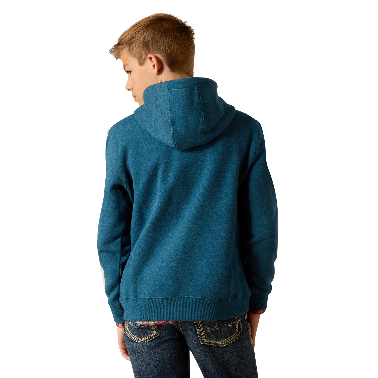 Ariat Boy's Bison Plains Hoodie. A boy wearing a blue hooded sweatshirt with a graphic print of a horse and the brand name 'ARIAT' on the front.