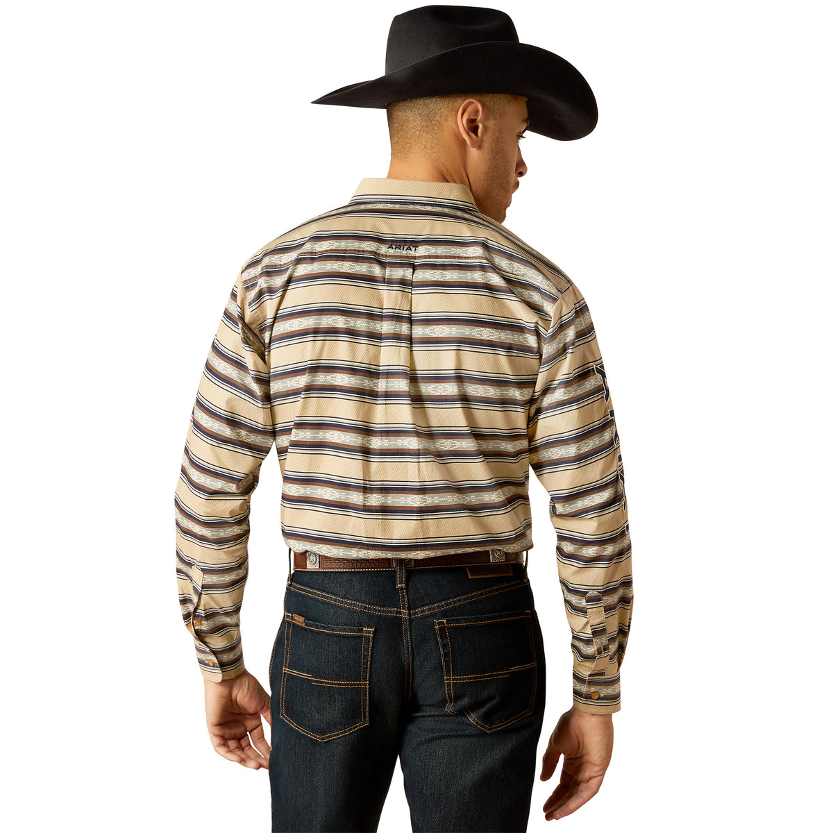 Ariat Men's Team Korbyn L/S Western Shirt. A man wearing a striped long-sleeved shirt and a black cowboy hat.