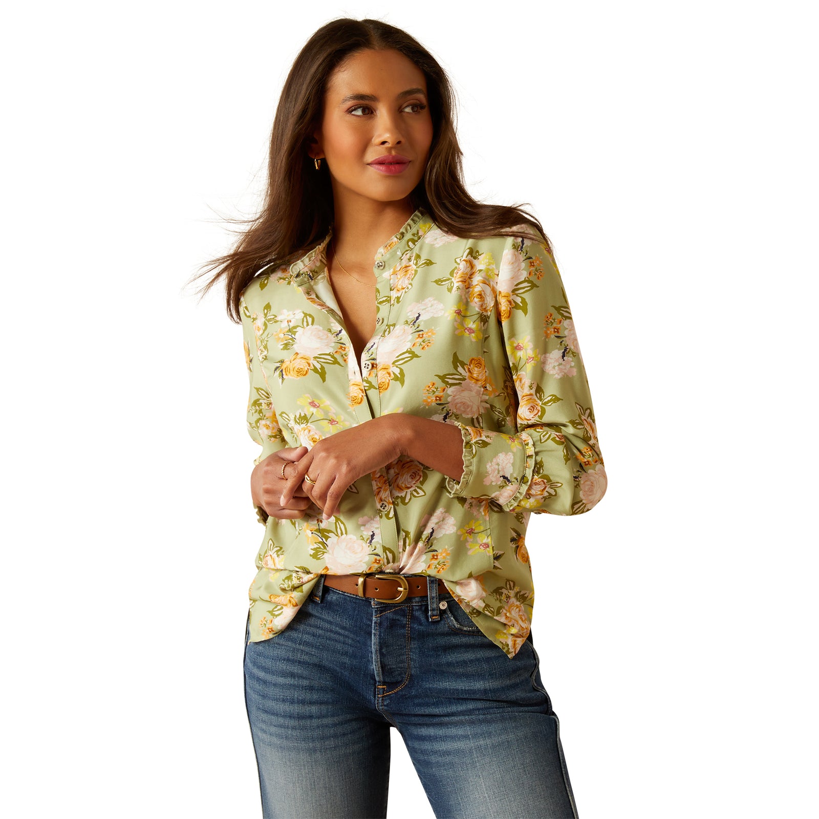 Ariat Women's Clarion L/S Blouse. A woman wearing a long-sleeved, floral print, silky twill blouse with a mock neckline.