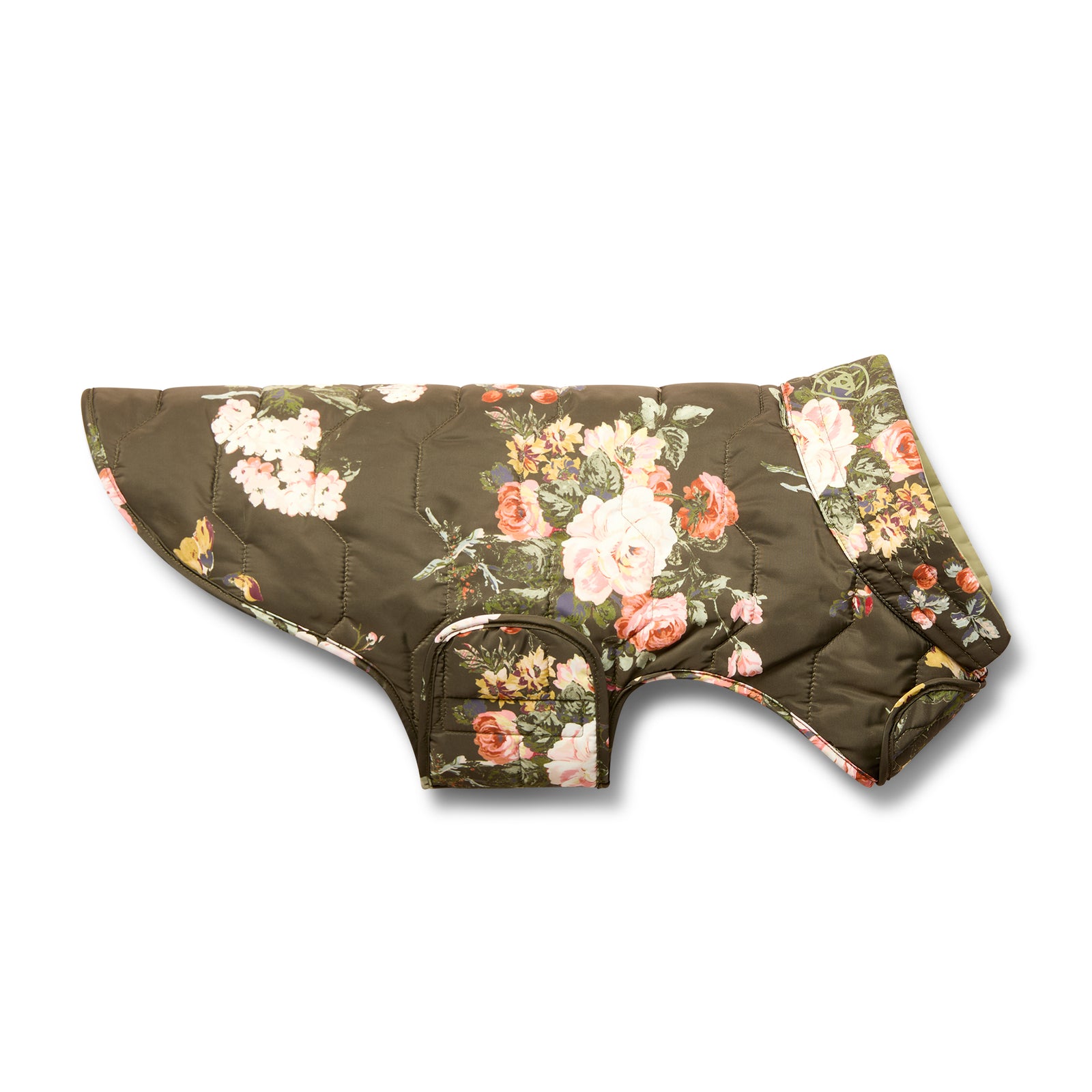 Ariat Pup Puffer Jacket. A green floral quilted dog puffer jacket with a stand collar and adjustable hook and loop closure.