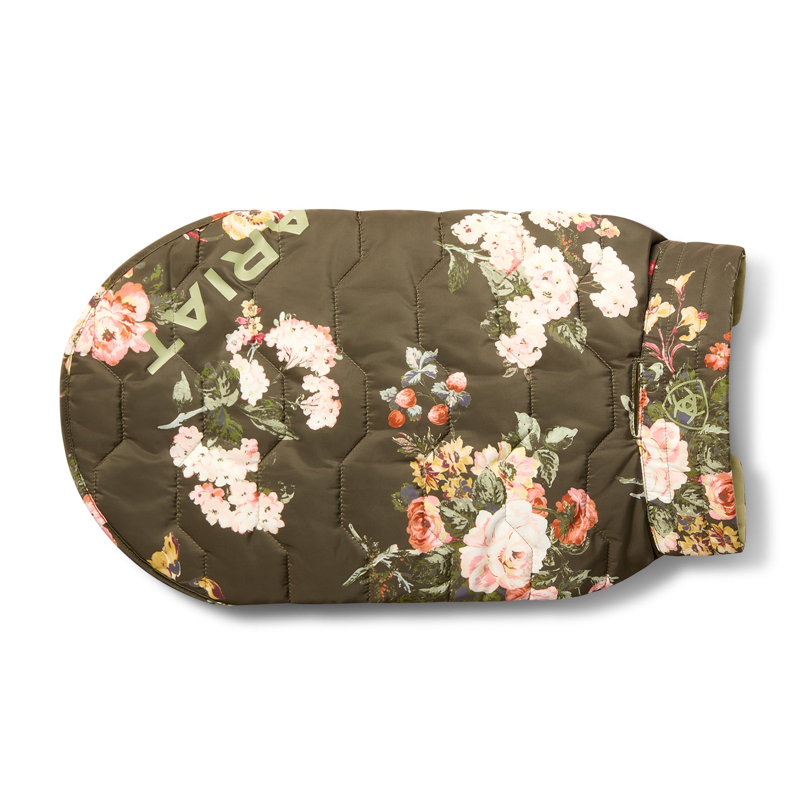 Ariat Pup Puffer Jacket. A green floral quilted dog puffer jacket with a stand collar and adjustable hook and loop closure.