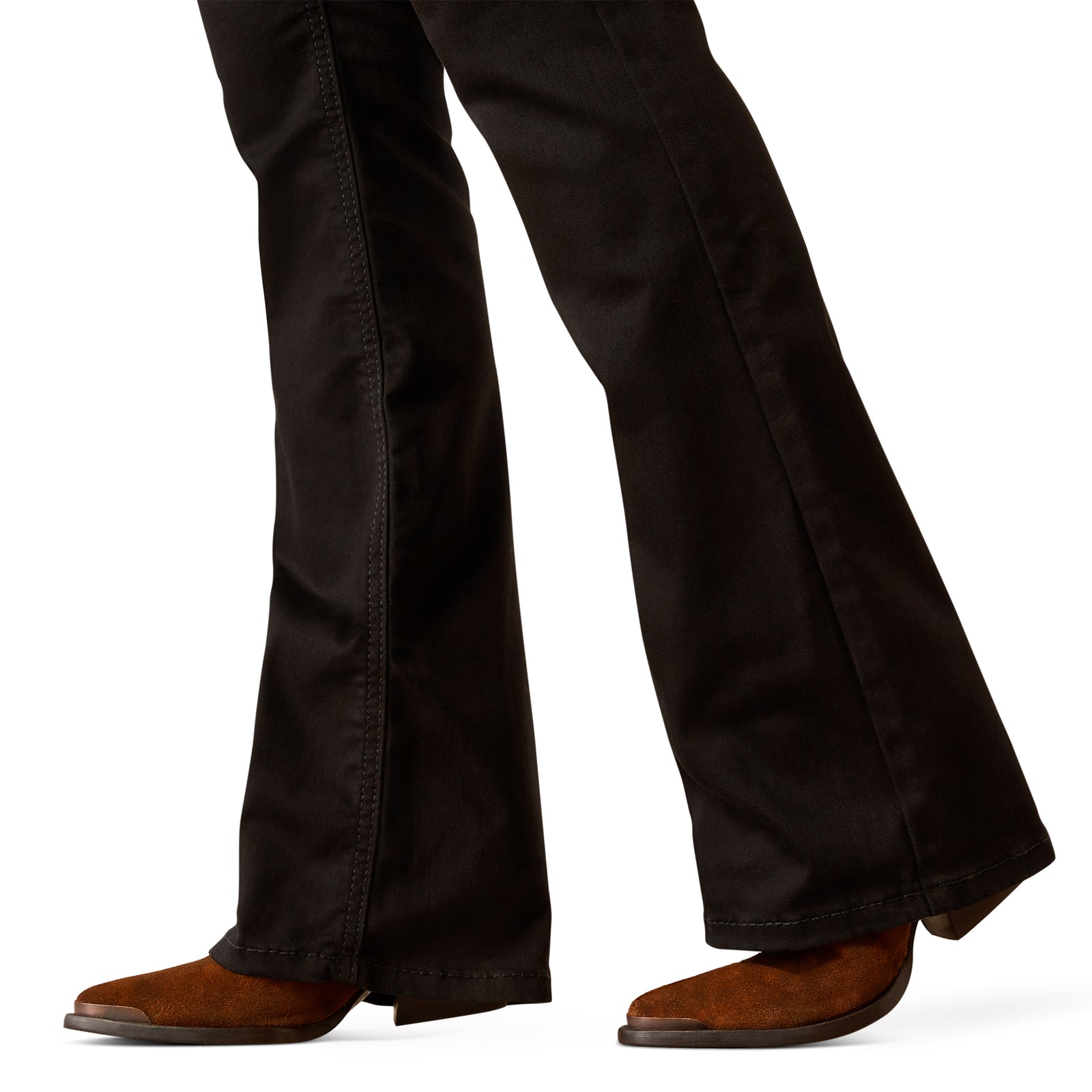 Ariat Women's Perfect Rise Ella Boot Cut Jean. A pair of Ariat women's perfect rise jeans in black color, showing the fit and rise of the jeans from the waist to the hem.