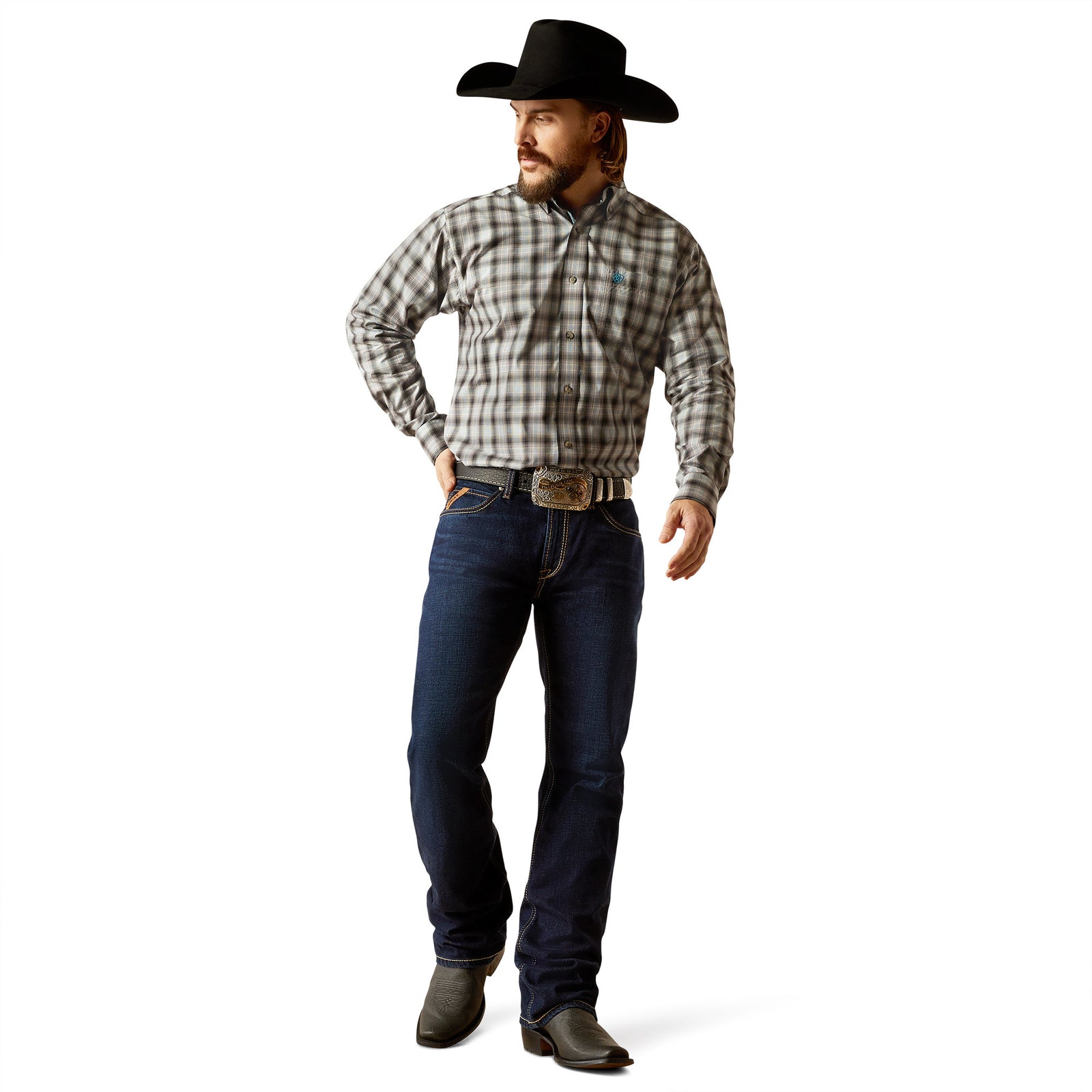 Ariat Mens M4 Relaxed Ranchford Boot Cut Jean. A man wearing a plaid shirt and Ariat men's relaxed ranchford boot cut jeans, standing against a white background.