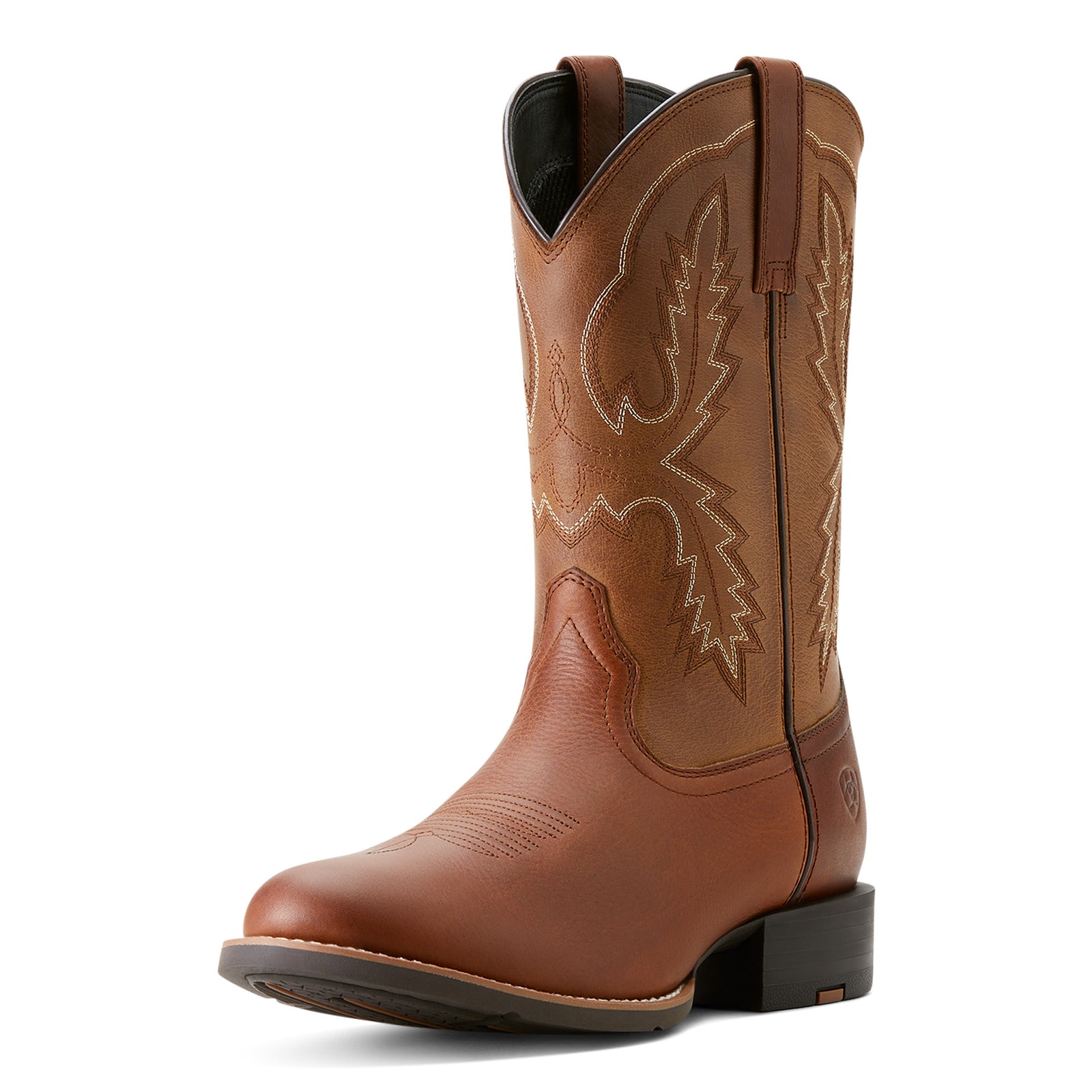 Ariat Men's Sport Stratten Western Boot, featuring a brown full-grain leather upper, a synthetic air mesh lining, and a durable barnyard acid-resistant sole.