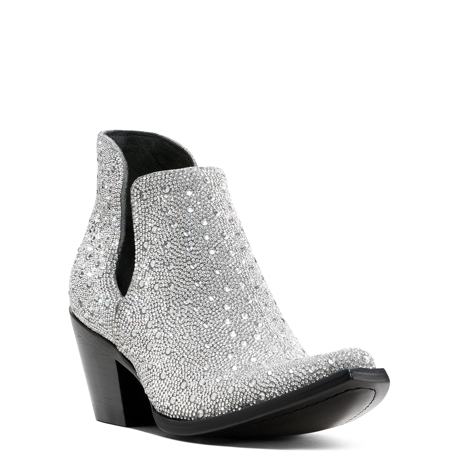 Ariat Women's Dixon Glitz Western Boot. Silver glitter ankle boot with black heel on a white background