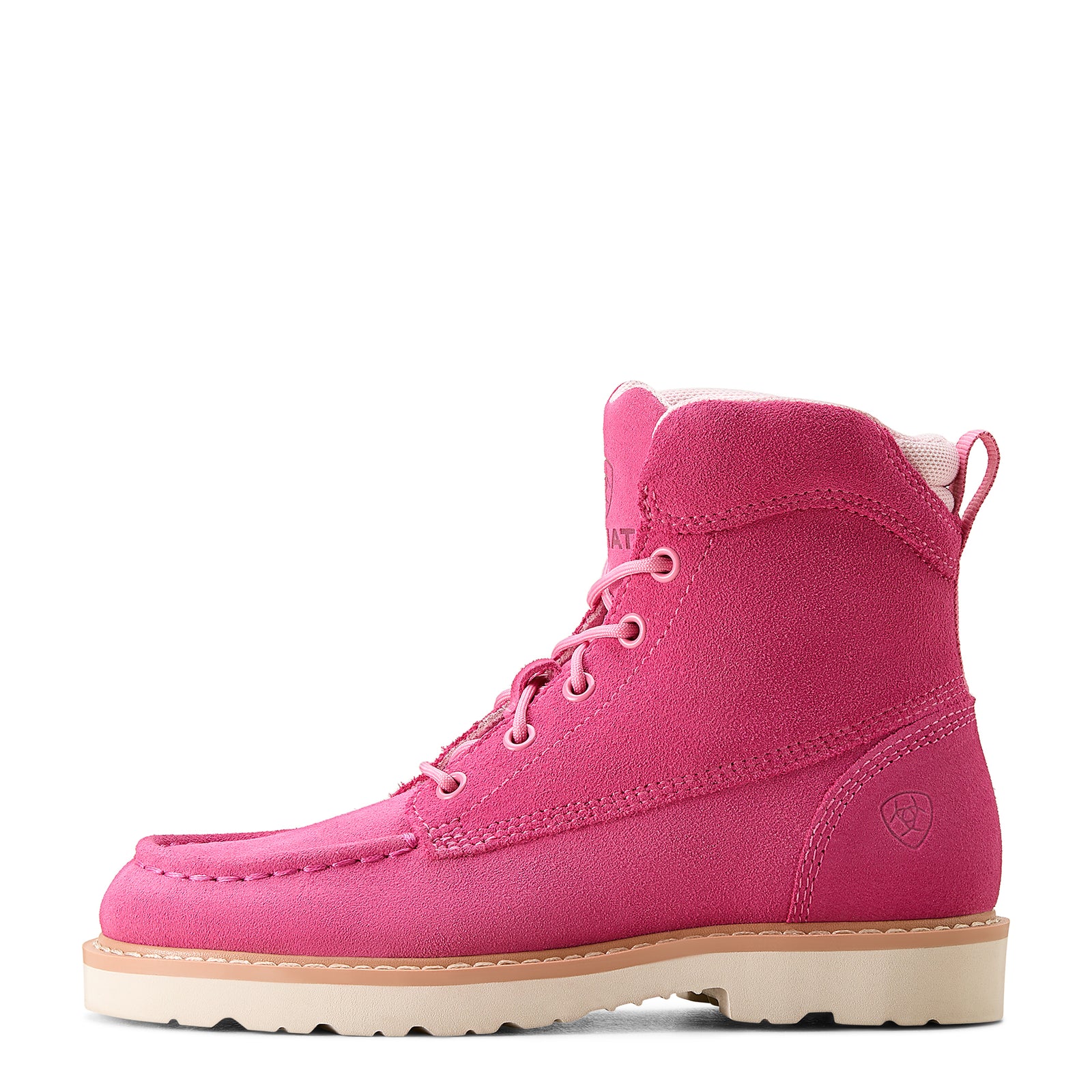 Ariat Kids Rebar Lift Boot. A pink Ariat kids' boot with lace-up closure, featuring a low heel and a round toe.