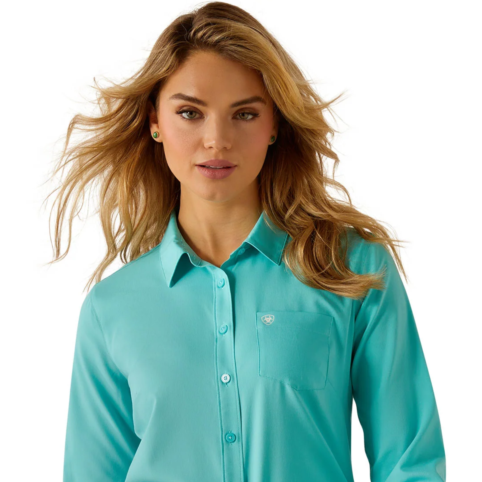 Woman wearing a turquoise shirt on a white background