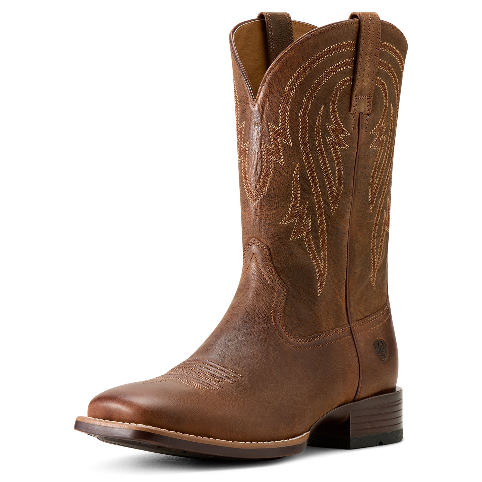 Ariat Men's Plano Western Boot, brown full-grain leather with stitch detailing, horseman heel, and square toe.