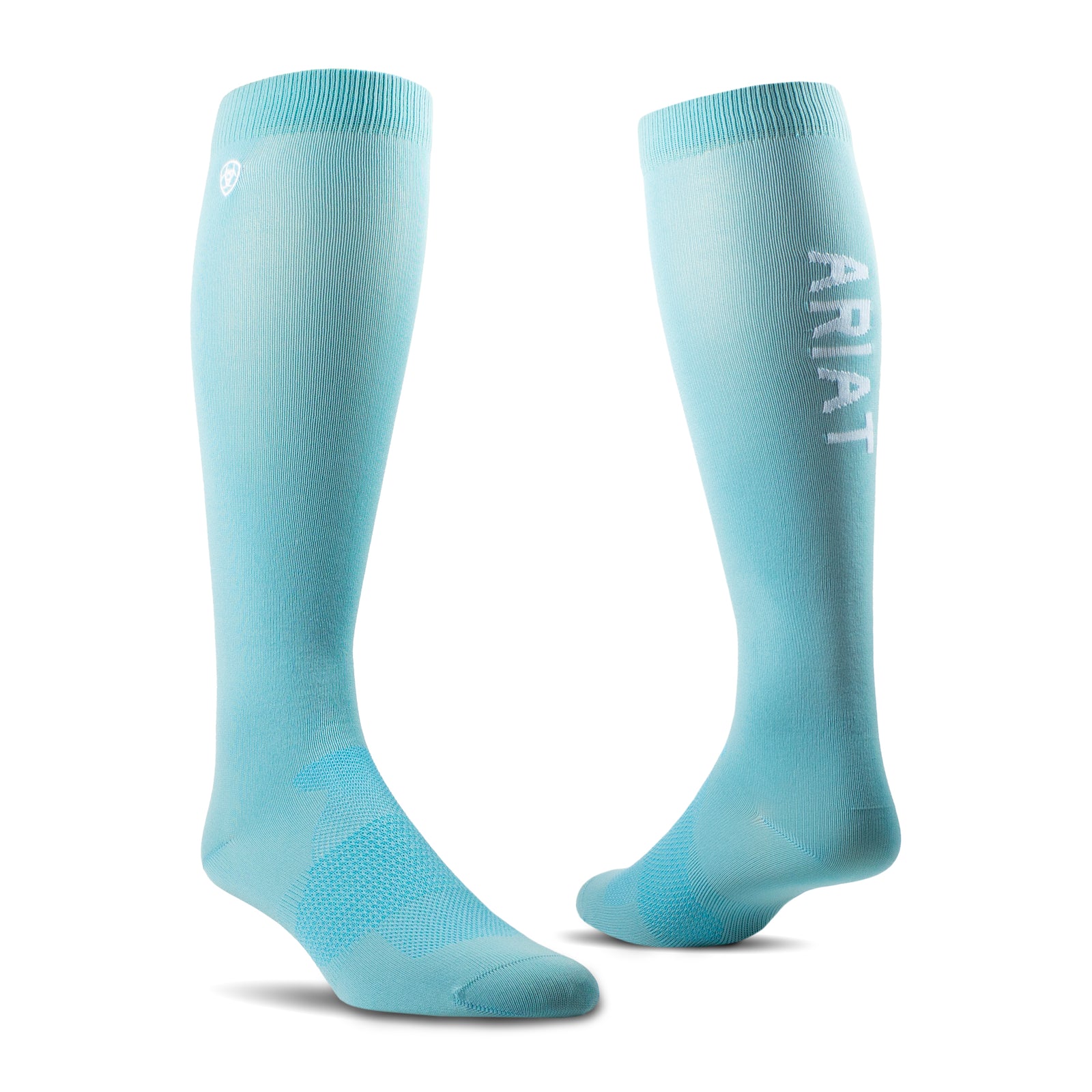 AriatTek Essentials Performance Socks. Pair of light blue knee-high socks with 'Ariat' branding on a white background