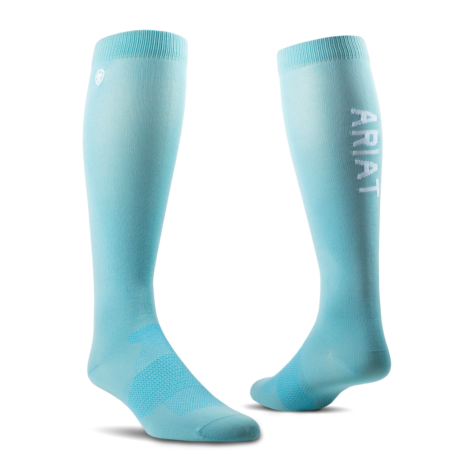 AriatTek Essentials Performance Socks. Pair of light blue knee-high socks with 'Ariat' branding on a white background
