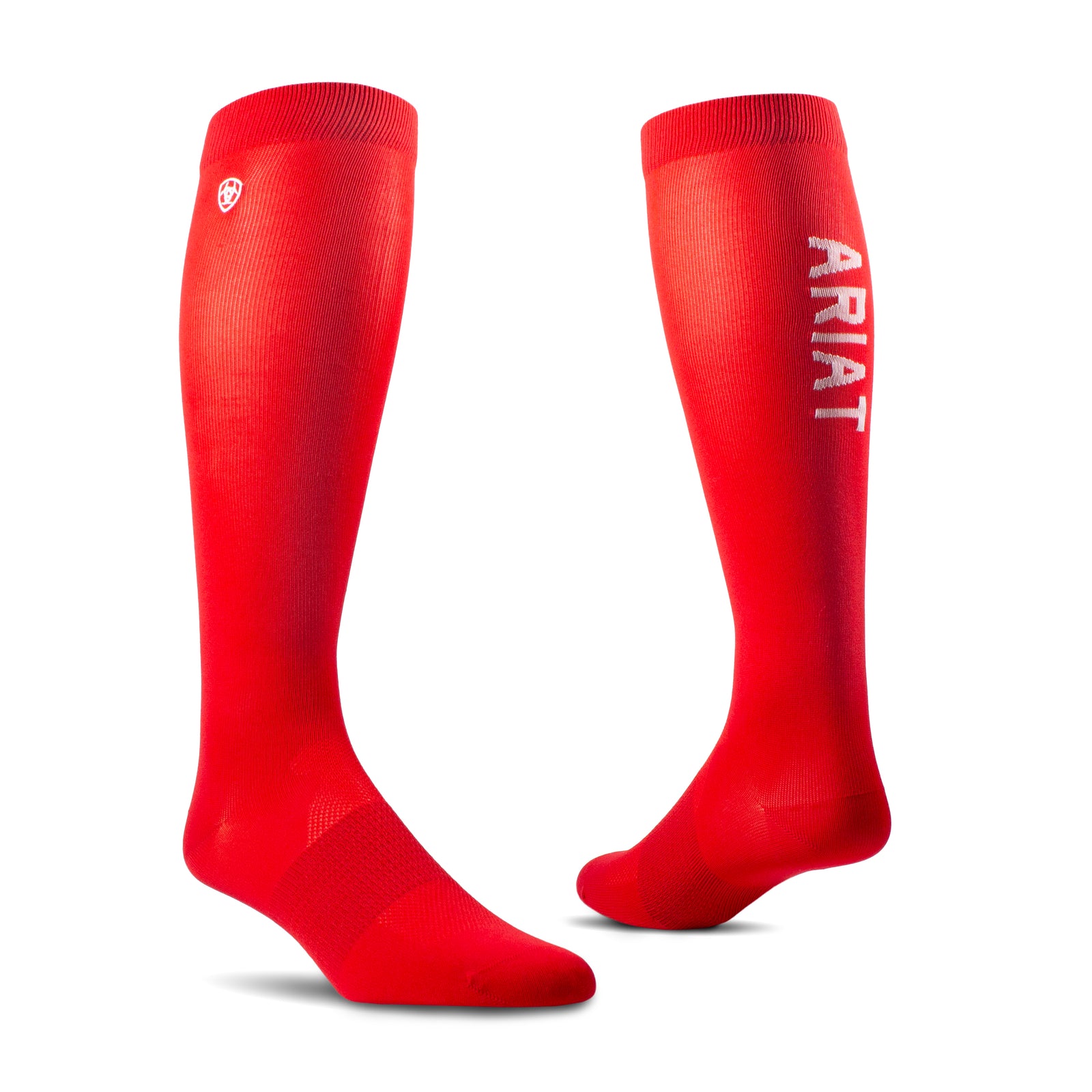 AriatTek Essentials Performance Socks. Red knee-high socks with 'Ariat' branding on a white background