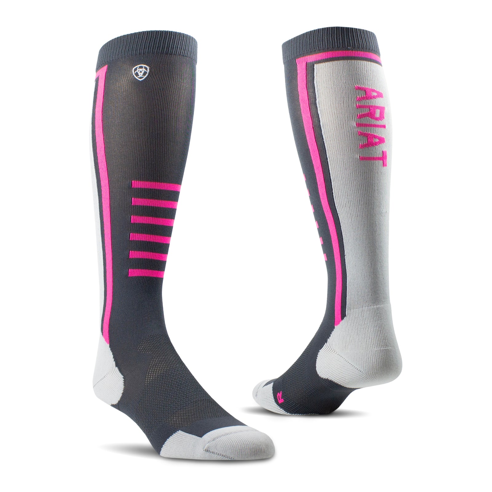 Ariat Tek Slimline Performance Socks. Two knee-high socks with pink accents and 'Ariat' branding on a white background