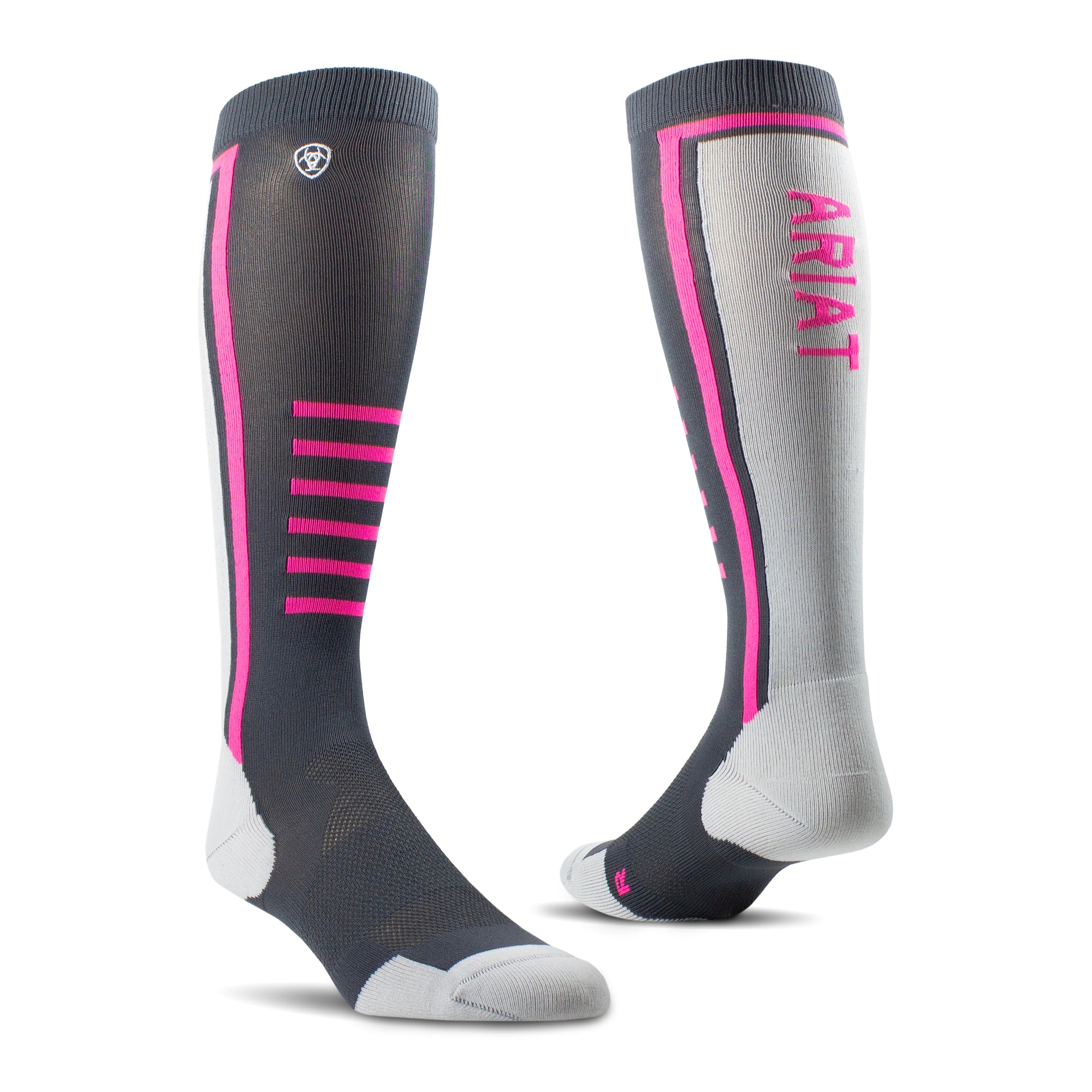 Ariat Tek Slimline Performance Socks. Two knee-high socks with pink accents and 'Ariat' branding on a white background