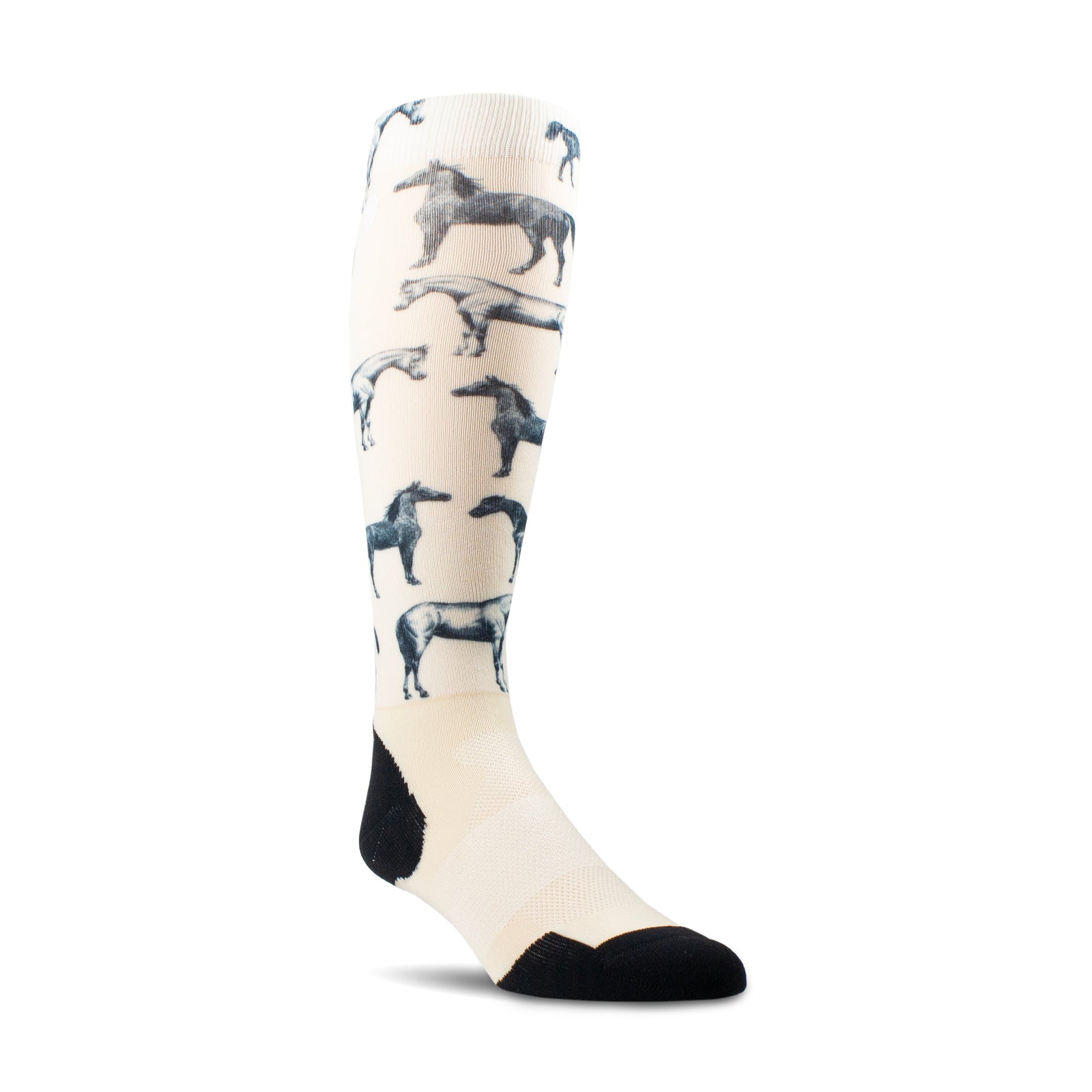 AriatTek Slim Printed Socks. Knee-high sock with horse pattern on a white background