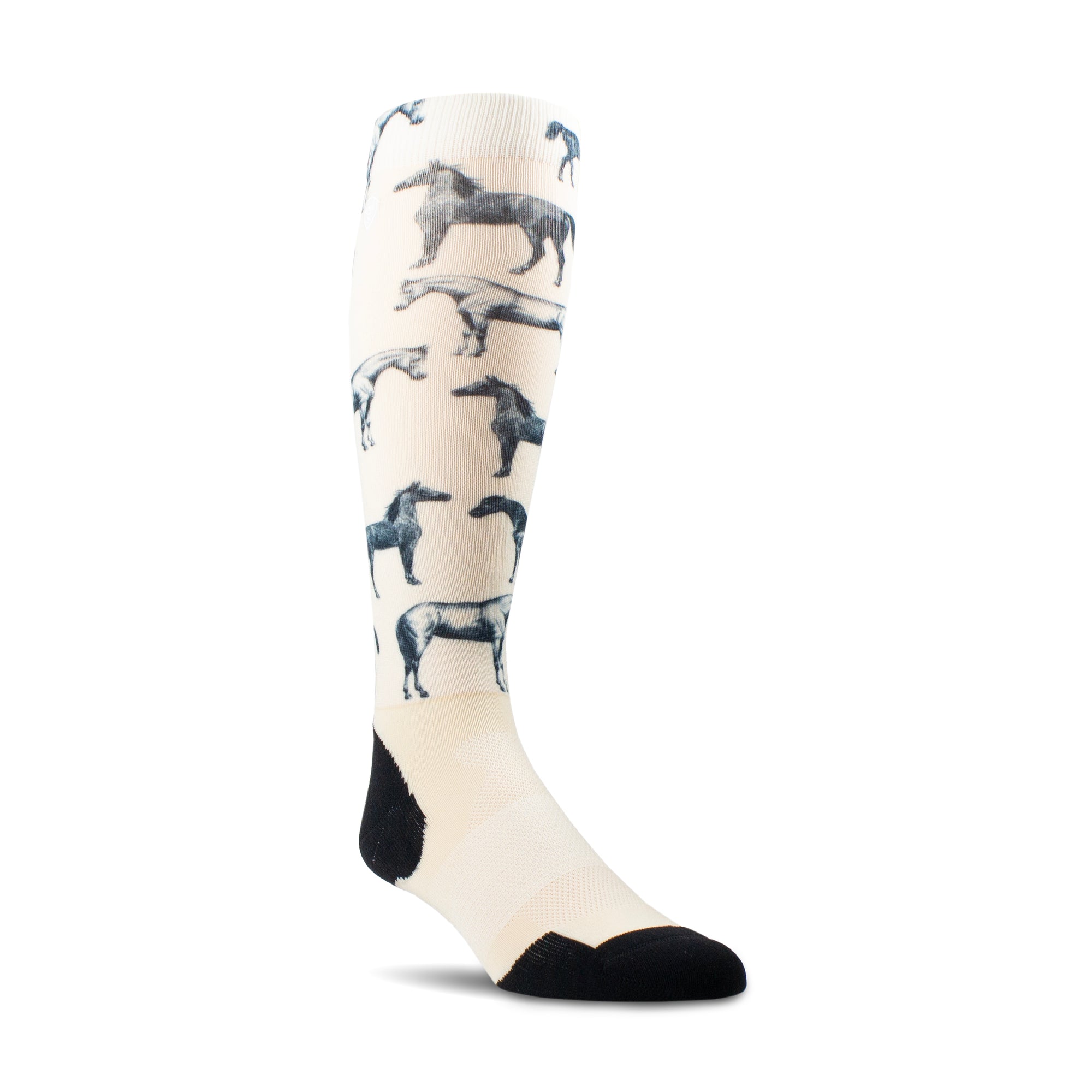 AriatTek Slim Printed Socks. Knee-high sock with horse pattern on a white background