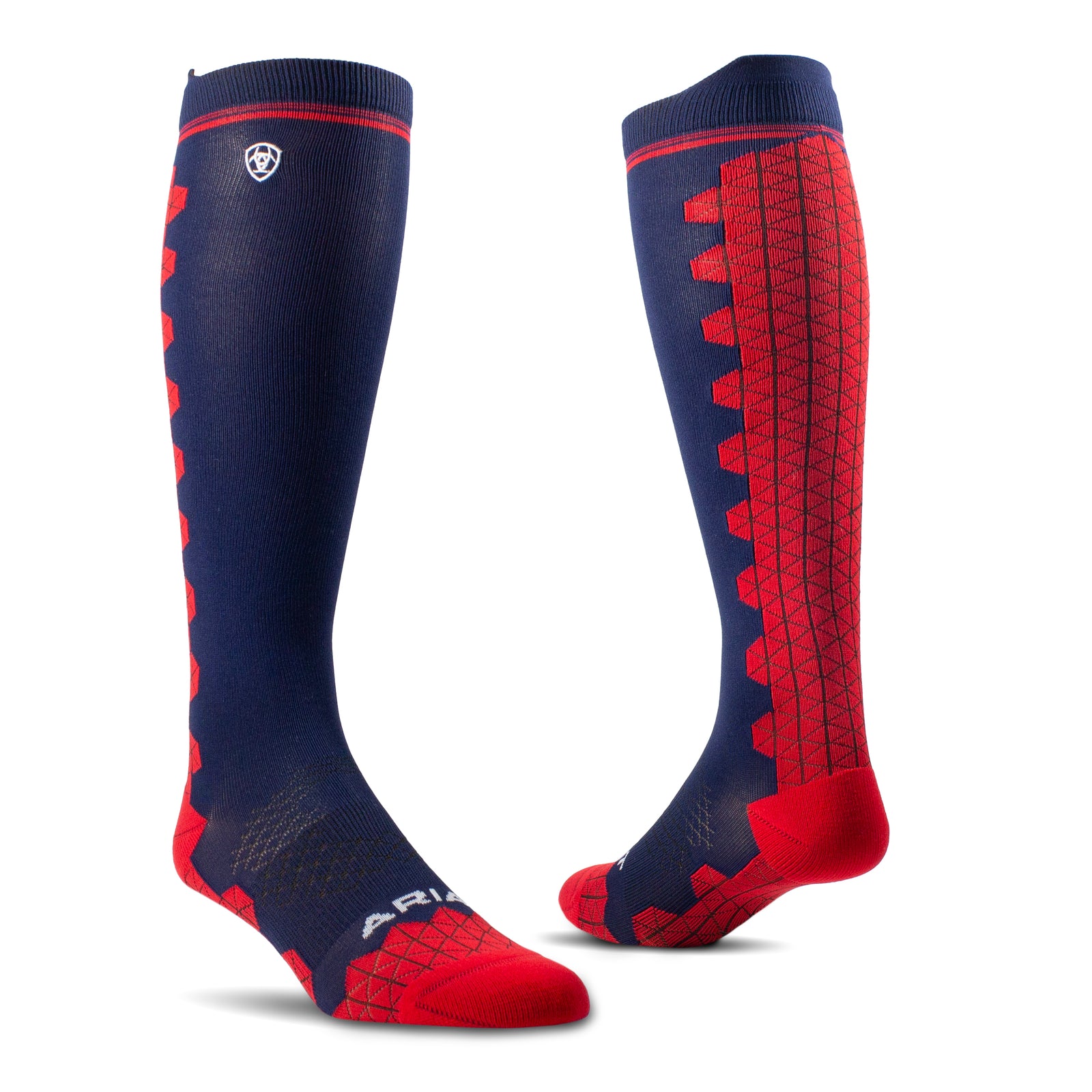 AriatTek Devon Performance Tall Boot Socks. Navy and red knee-high socks with a spider web pattern on a white background