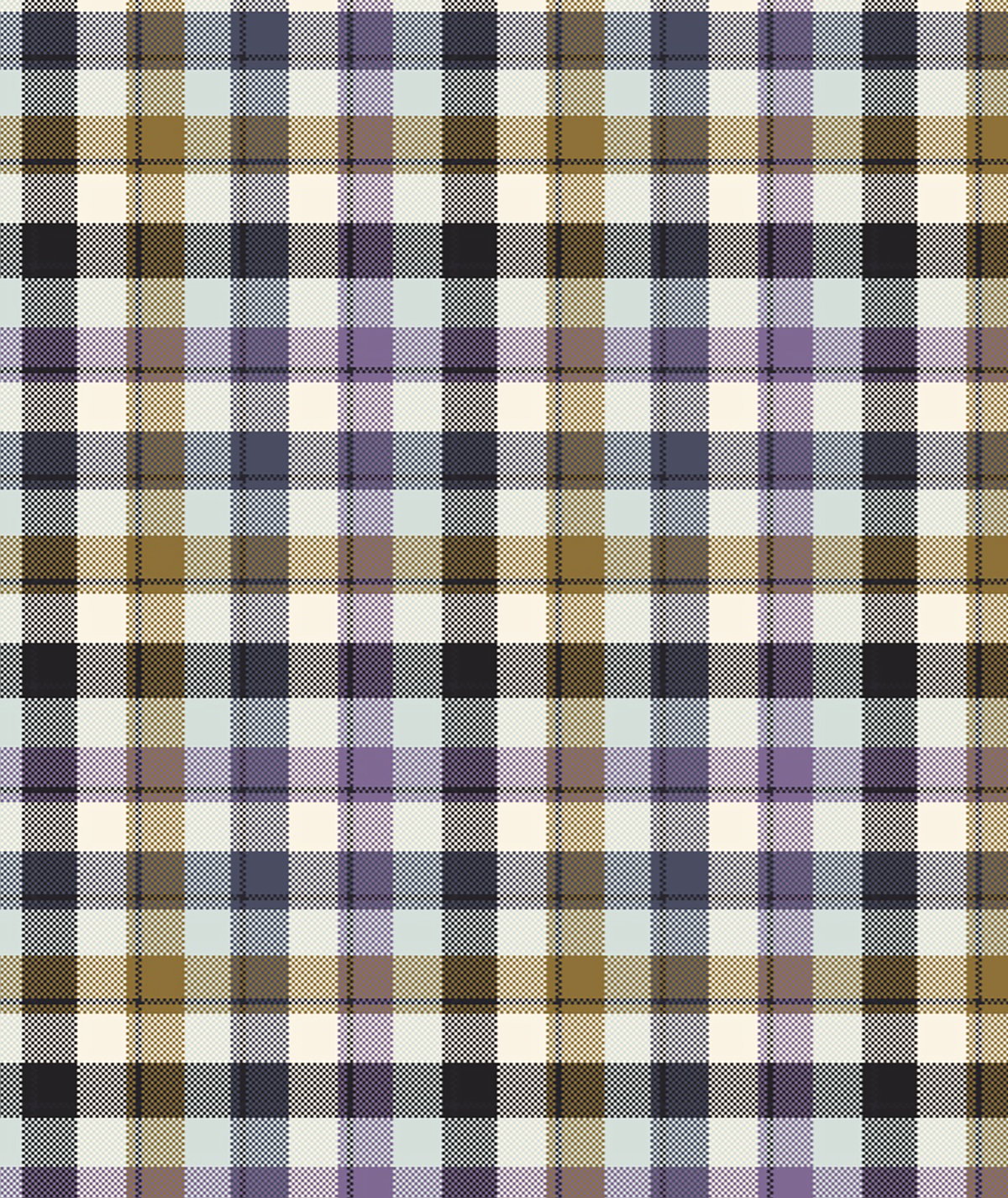 Plaid pattern with brown, purple, and white colors on a fabric texture background