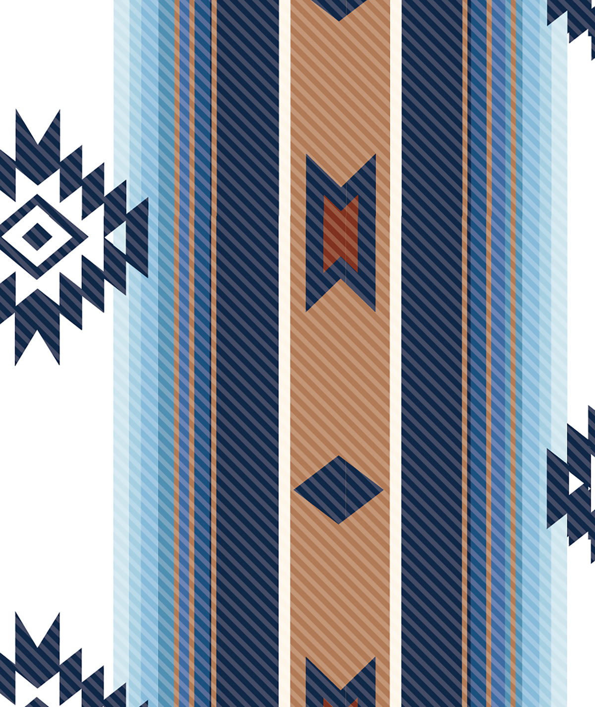 Pattern with blue, brown, and white stripes and geometric shapes on a white background