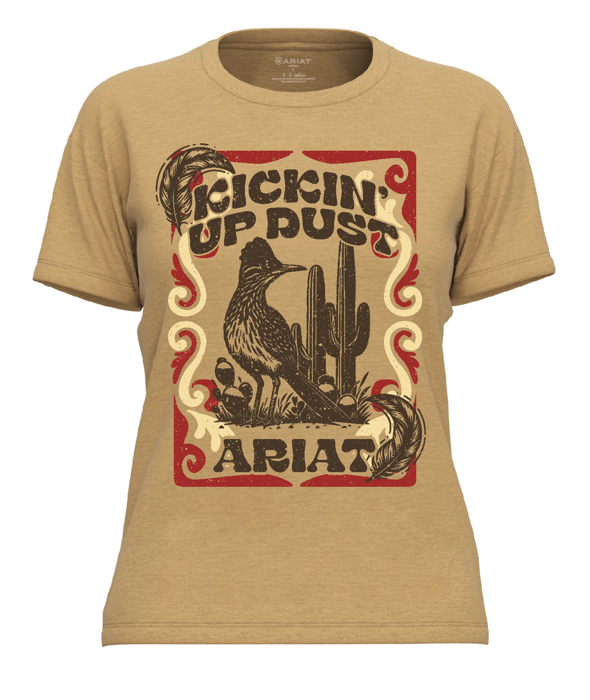 Ariat Women's Kickin Up Dust T-Shirt. Beige t-shirt with 'Kicking Up Dust' graphic and ARIAT branding on a white background