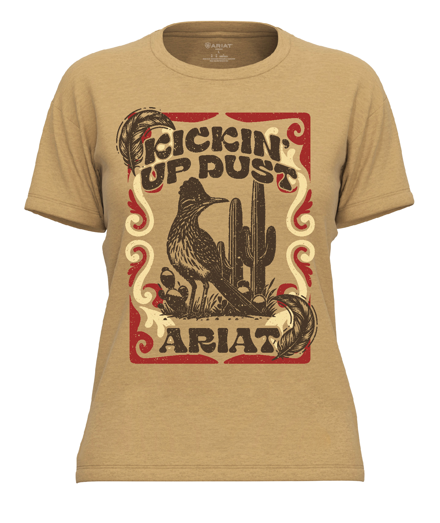 Ariat Women's Kickin Up Dust T-Shirt. Beige t-shirt with 'Kicking Up Dust' graphic and ARIAT branding on a white background