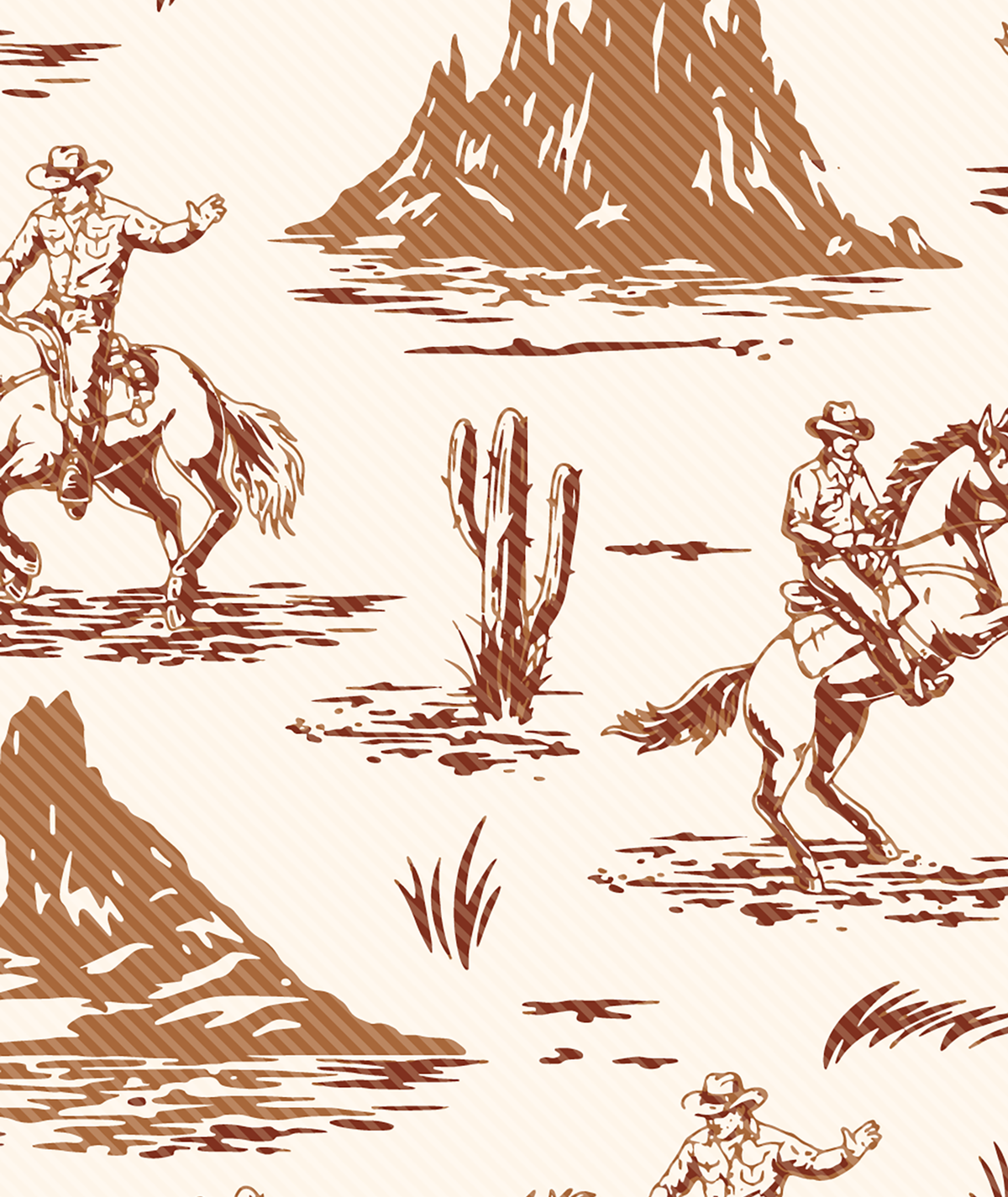 Pattern of cowboys on horseback with desert landscape elements on a beige background