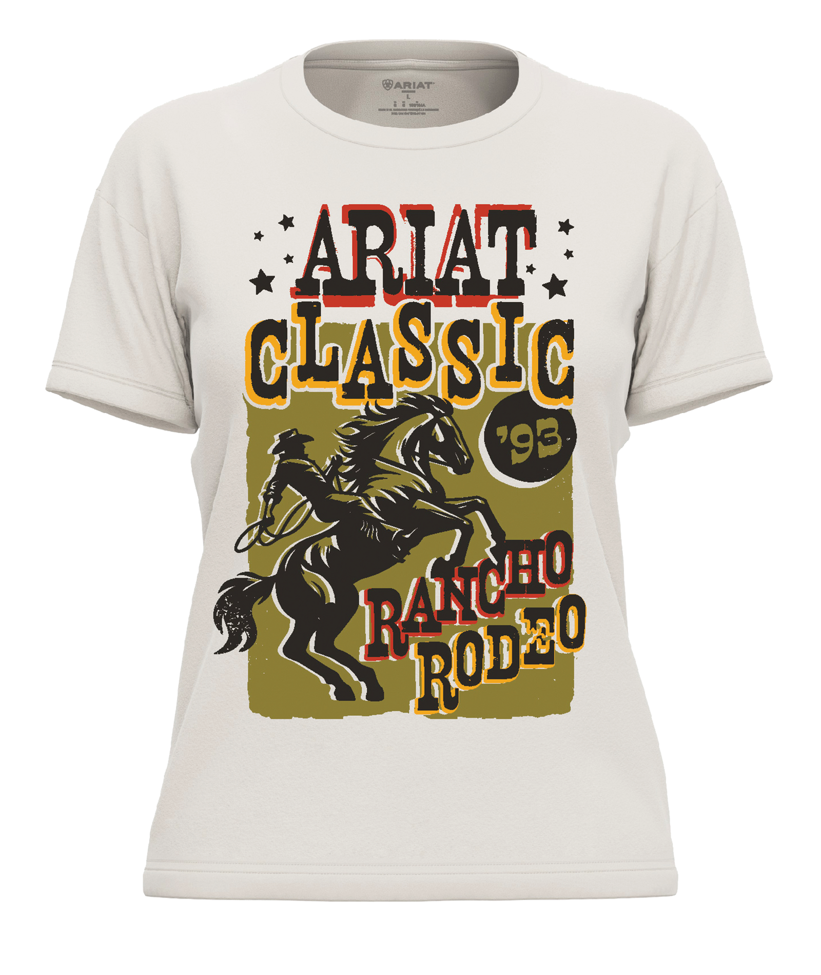 Ariat Women's Classic Rodeo T-Shirt. White t-shirt with Ariat Classic Rancho Rodeo graphic design on a white background
